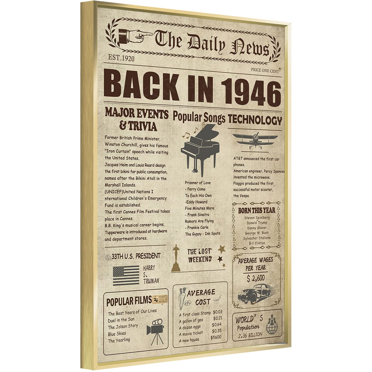 TIME TREE Vintage 76th Birthday Poster - 1946 Themed Anniversary Decor & Party Supplies - Unique 76th Birthday Gifts for Women & Men - Perfect for Milestone Celebrations, Retirement Parties & Wall Decor