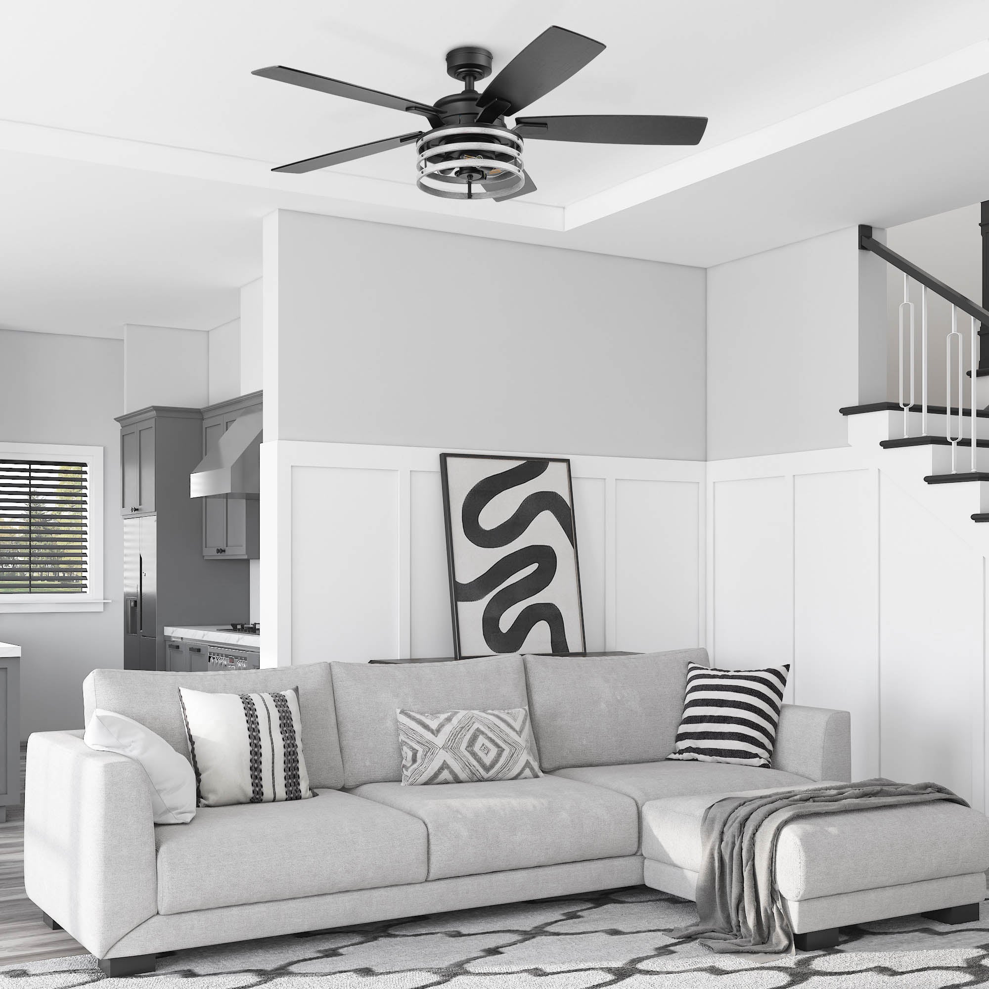 52 Inch Honeywell Carnegie Matte Black/Gray Ceiling Fan with Light Kit and Remote Control - Perfect for Living Room, Bedroom, and Outdoor Covered Patio