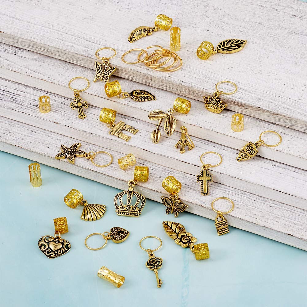 Craftdady 110Pcs Gold Metal Hair Jewelry Rings - Decorative Pendants, Coil Cuffs & Dreadlock Accessories with Leaf, Star, Butterfly, Heart, Key, Owl, Cross & Crown Charms - Perfect for Boho Hairstyles, Festivals & DIY Hair Styling