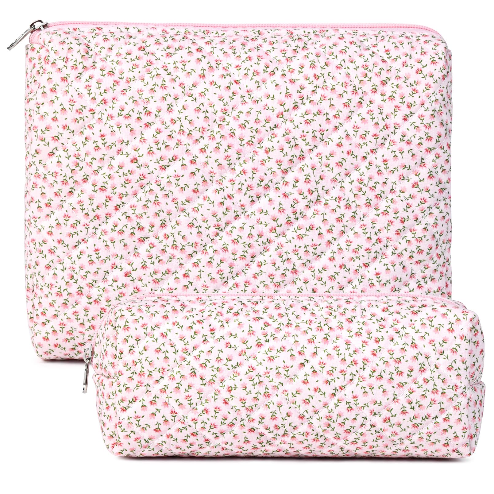 SOIDRAM 2 Pack Floral Quilted Makeup Bag - Large Cotton Cosmetic Pouch for Women & Girls, Aesthetic Cute Toiletry Travel Organizer | Perfect for Glossier Storage, Vacation Essentials & Gift Giving