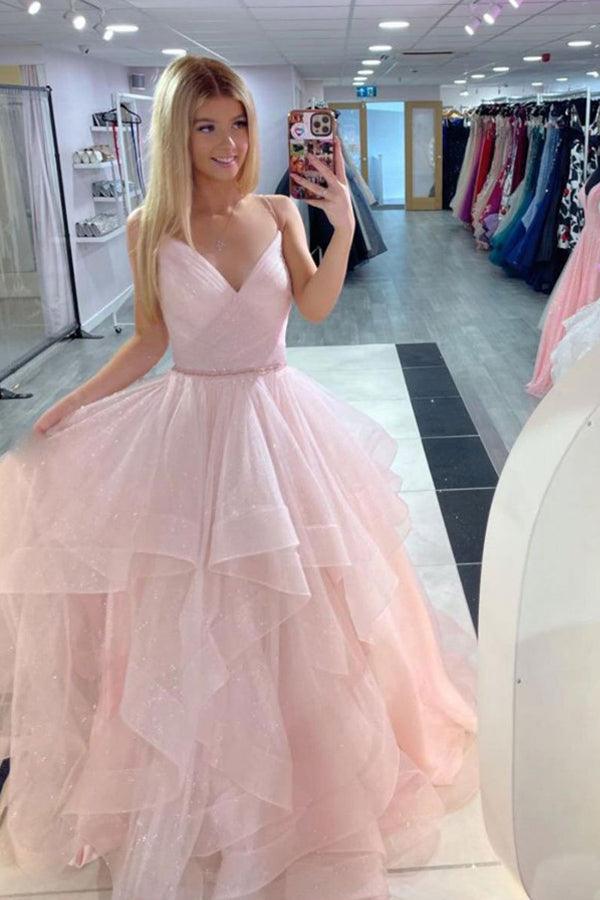 Elegant A-Line Blue V-Neck Tulle Sparkly Prom Dress with Straps | Evening Gown TP1041 | Perfect for Homecoming, Prom Night & Formal Events