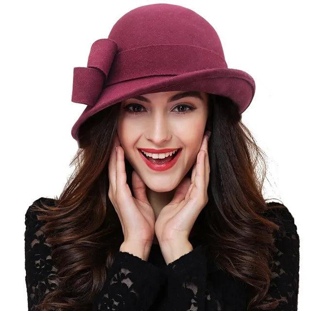 Women's Wool Felt Winter Hat with Asymmetric Bowknot - Elegant Formal Headwear for Cold Weather - Perfect for Office, Parties, and Holiday Outfits
