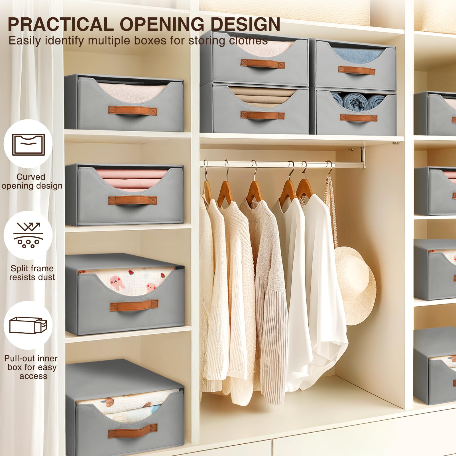 Large Fabric Storage Bins with Drawers - 4 Pack Collapsible Closet Organizers for Bedroom & Living Room - Grey Home Organization Solutions for Shelves, Cabinets & Underbed Storage