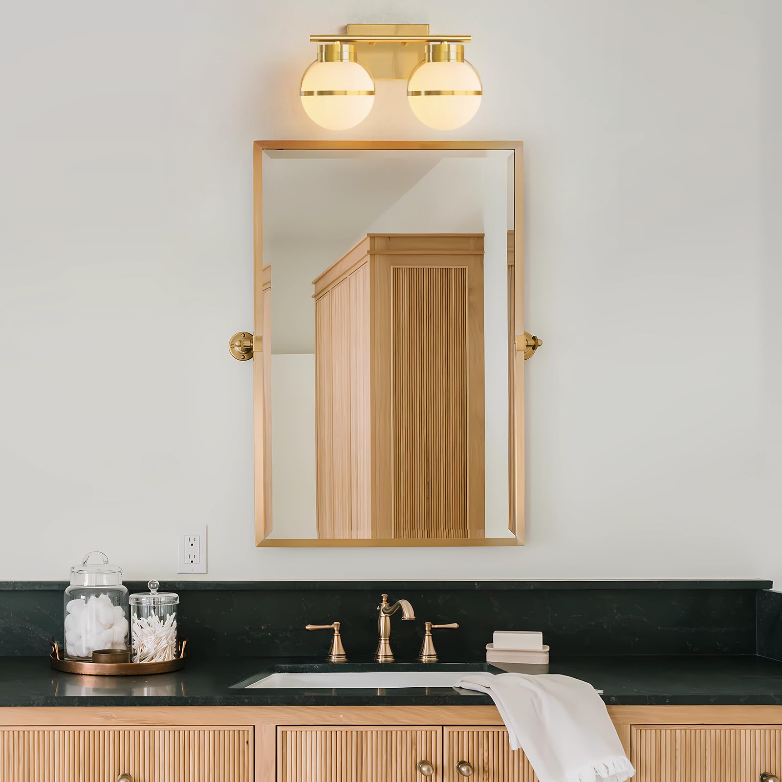 Gold Bathroom Vanity Light Fixture - 2 Light Modern Vanity Lighting with Frosted Glass Shades & Metal Base (15.2 inch) - Perfect for Bathroom, Powder Room & Dressing Area - Excludes E26 Bulb