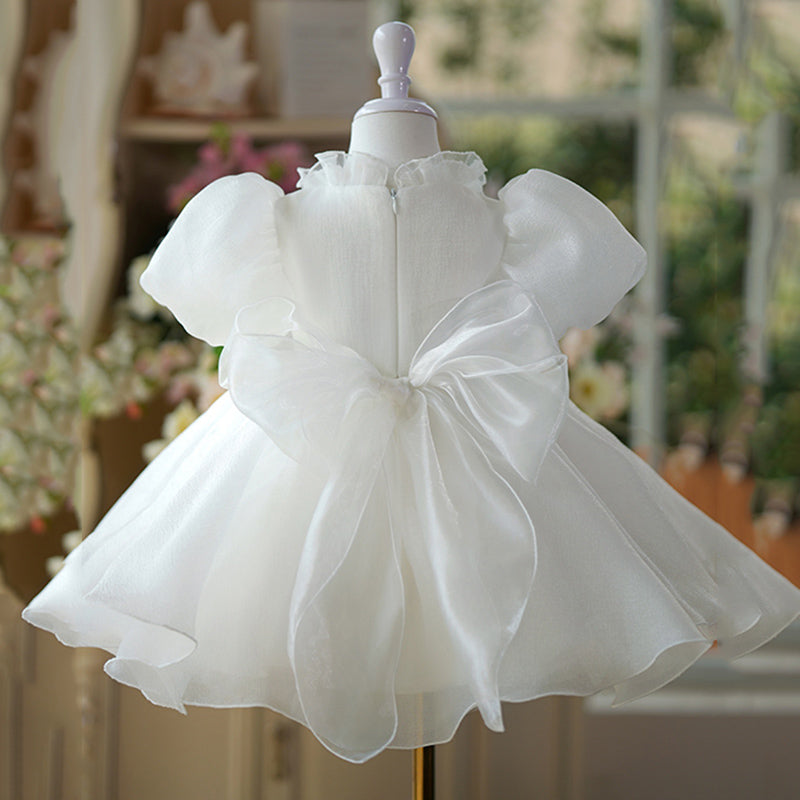 Elegant White Sequin Puff Sleeve Mesh Princess Dress for Baby Girls - First Communion, Baptism, Flower Girl & Special Occasion Dresses