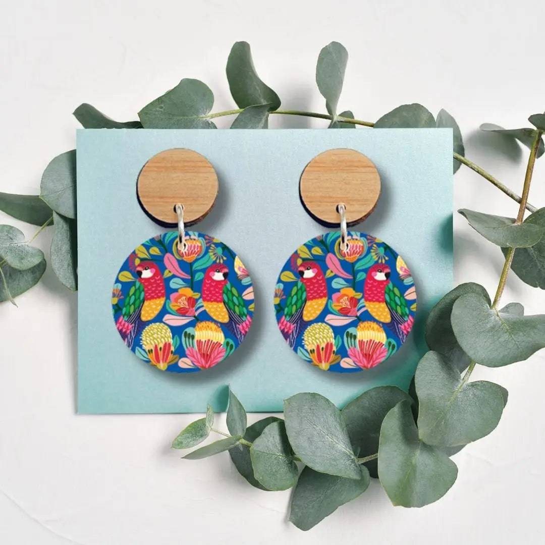 Handmade Australian Rosella Birds Wooden Earrings - Unique Boho Wood Jewelry for Women - Perfect for Festivals, Parties & Everyday Wear