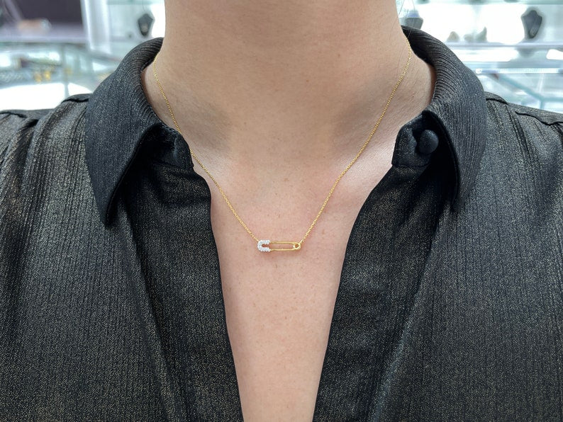 14K Gold Natural Diamond Safety Pin Necklace for Women - Elegant Layering Jewelry Gift for Birthday, Anniversary & Everyday Wear