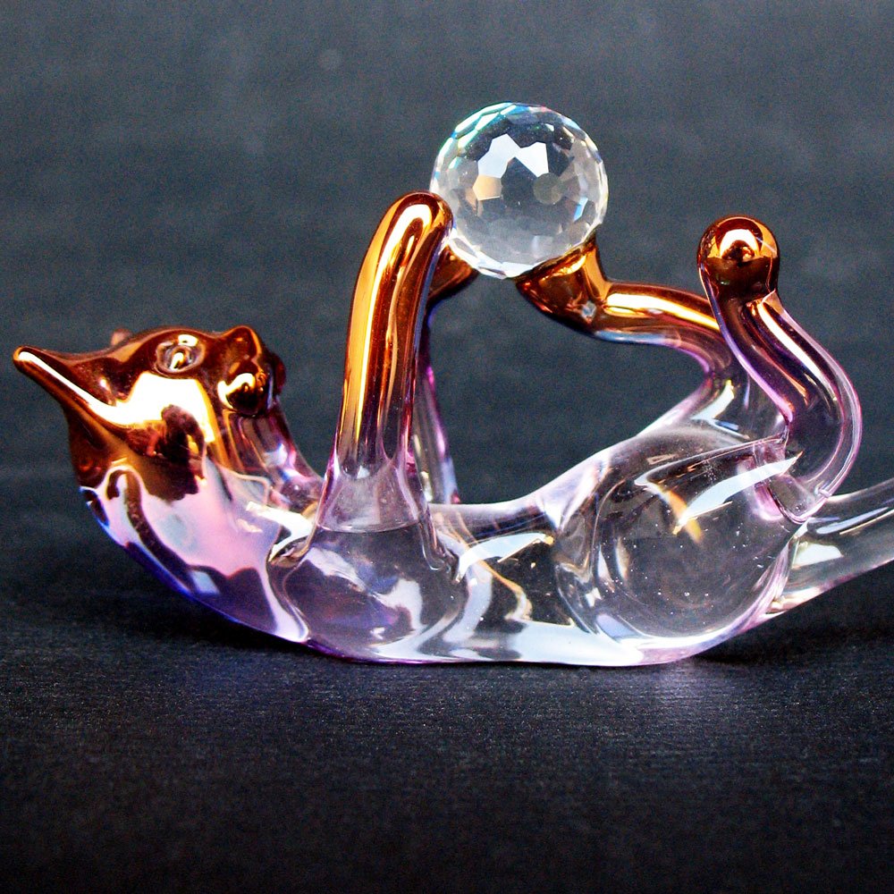 Hand Blown Glass Cat Figurine with Crystal Ball & String - Unique Home Decor, Gift for Cat Lovers, Feng Shui & Meditation Accessory