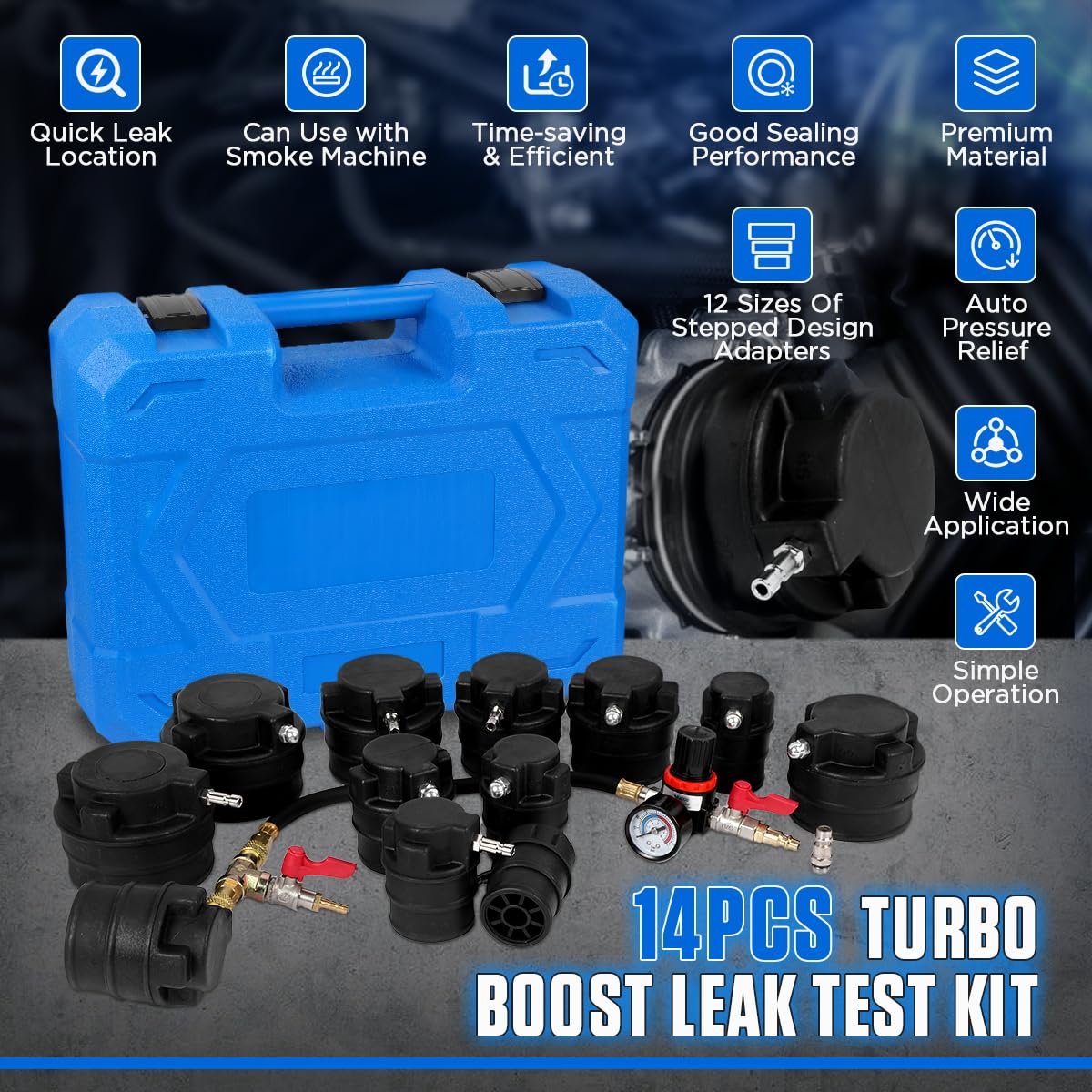14PC Turbo Boost Leak Tester Kit with Smoke Adapter - Pressure Leakage Detector for Turbo System, Includes 6 Pairs Stepped Adapters (1-4/5