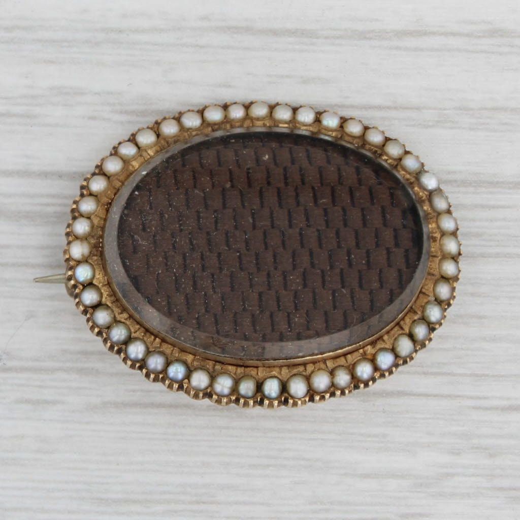 Antique 1800s Victorian Glass Pearl Halo Hair Brooch - 18k Gold Mourning Jewelry Pin for Women - Perfect for Vintage Fashion, Historical Reenactments & Special Occasions