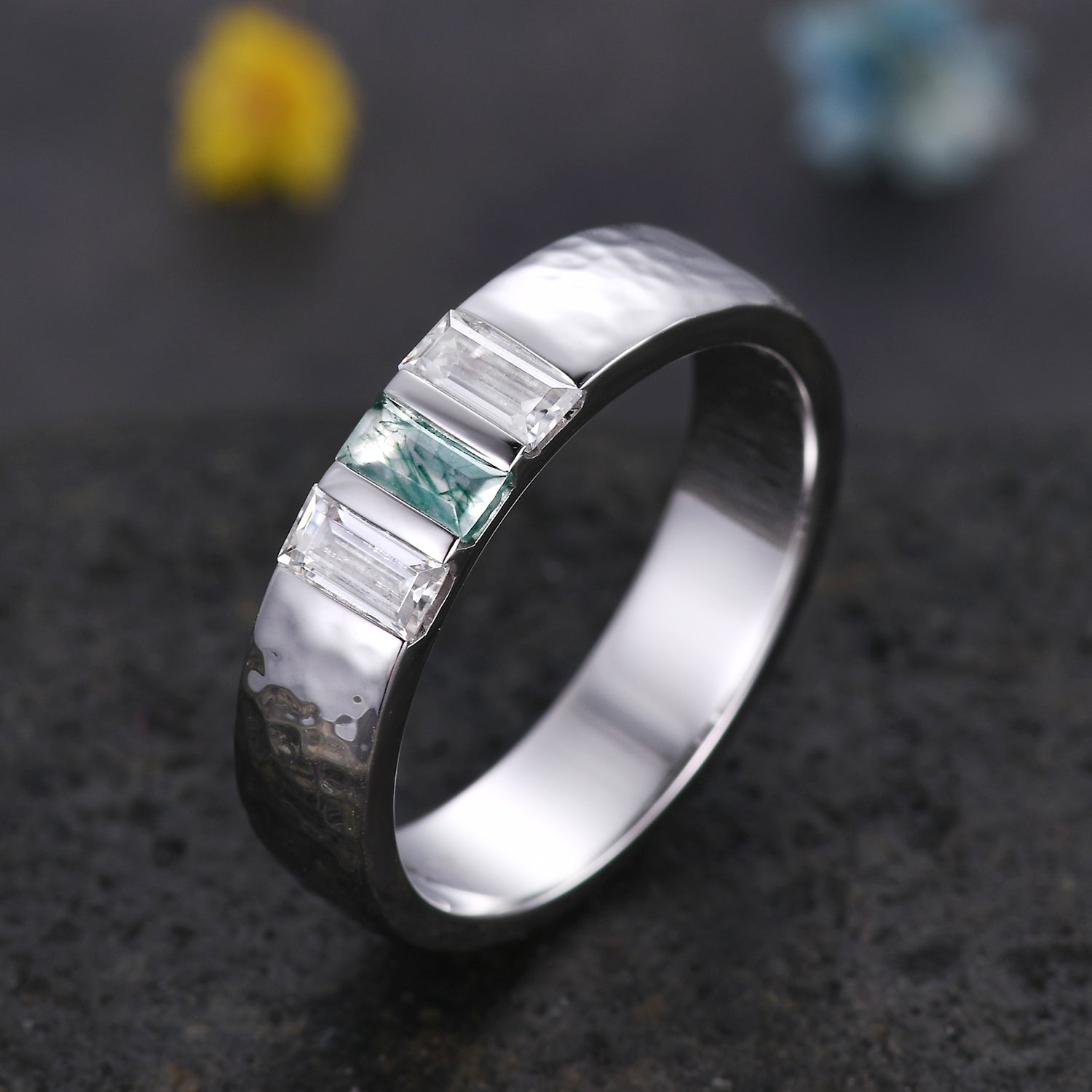 Men's 5mm Hammered White Gold Wedding Band with Three Stones - Perfect for Engagement, Anniversary, and Everyday Wear