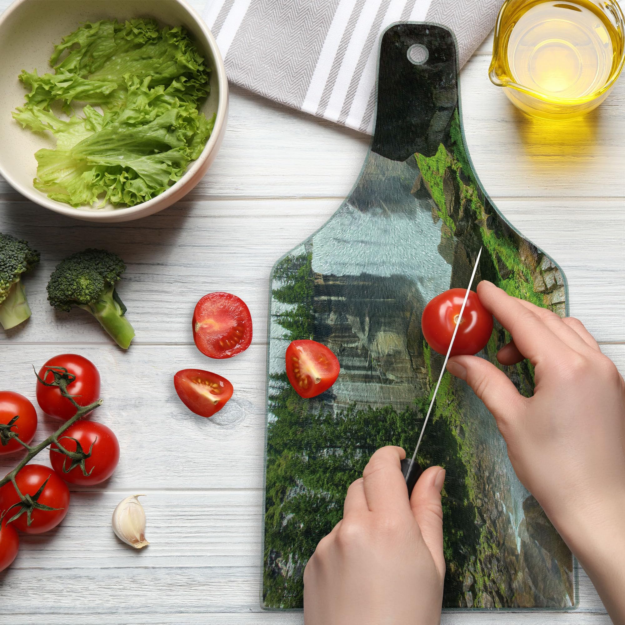 Ambesonne Yosemite Tempered Glass Cutting Board - Vernal Fall Yosemite National Park Scenic Photo Design - Decorative Serving Board for Kitchen, Charcuterie & Cheese - Wine Bottle Shape in White & Green - Perfect for Home Decor, Dinner Parties & Gifts