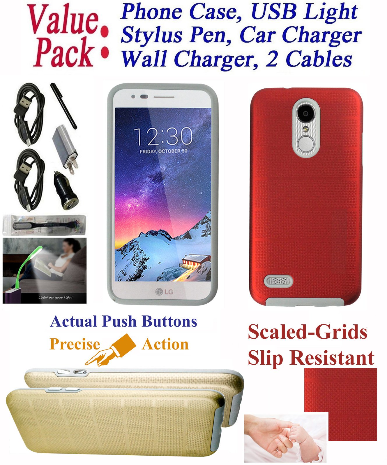 LG K8 2017 Rebel 2 Risio 2 Fortune Case - Red Hybrid Shockproof Bumper Cover with Independent Push Buttons & Firm Grip for Everyday Protection & Enhanced Durability