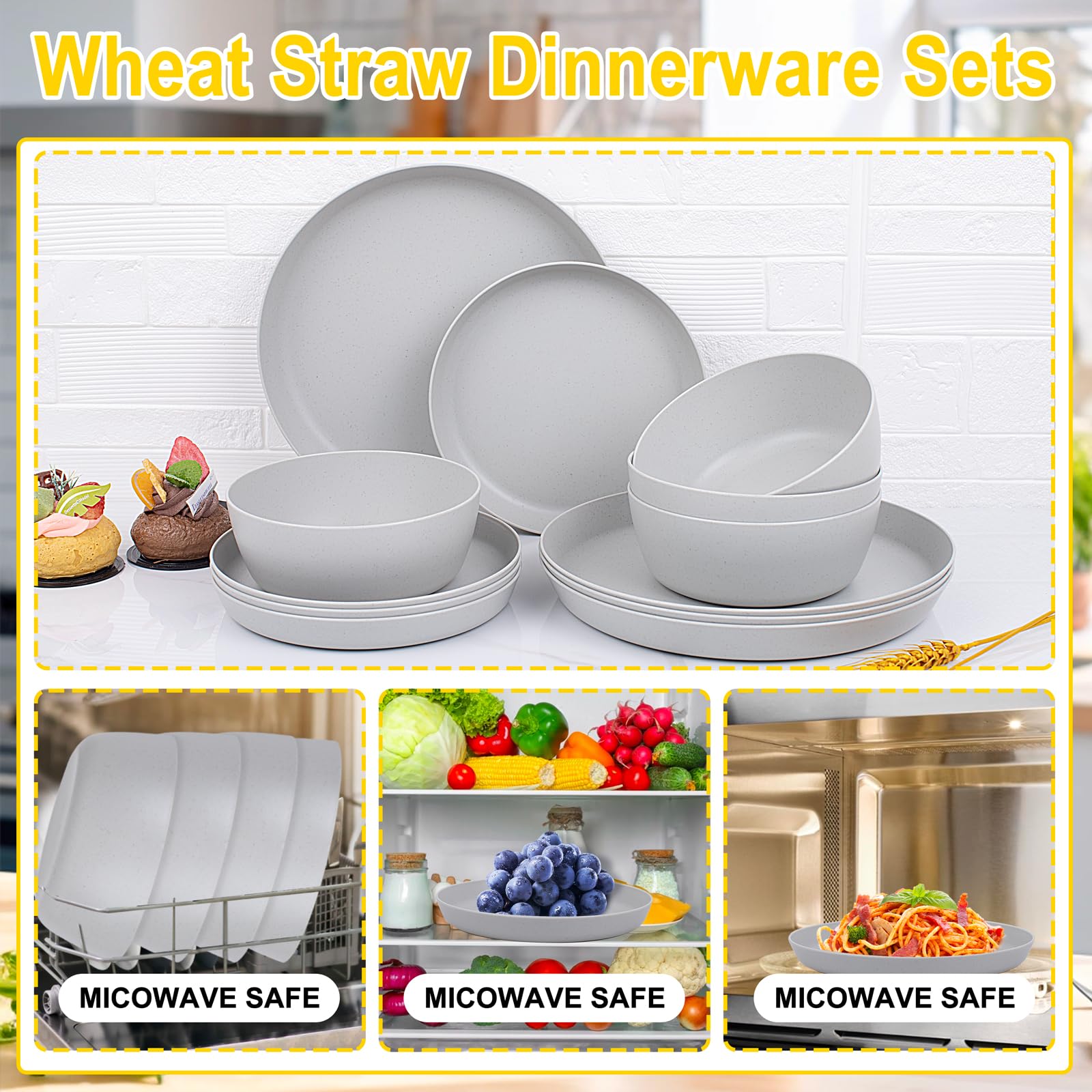 12-Piece Wheat Straw Dinnerware Set - 4 Reusable Unbreakable Plates & Bowls - Eco-Friendly Plastic Dinnerware for Camping, Picnics, Family Dinners & Outdoor Dining