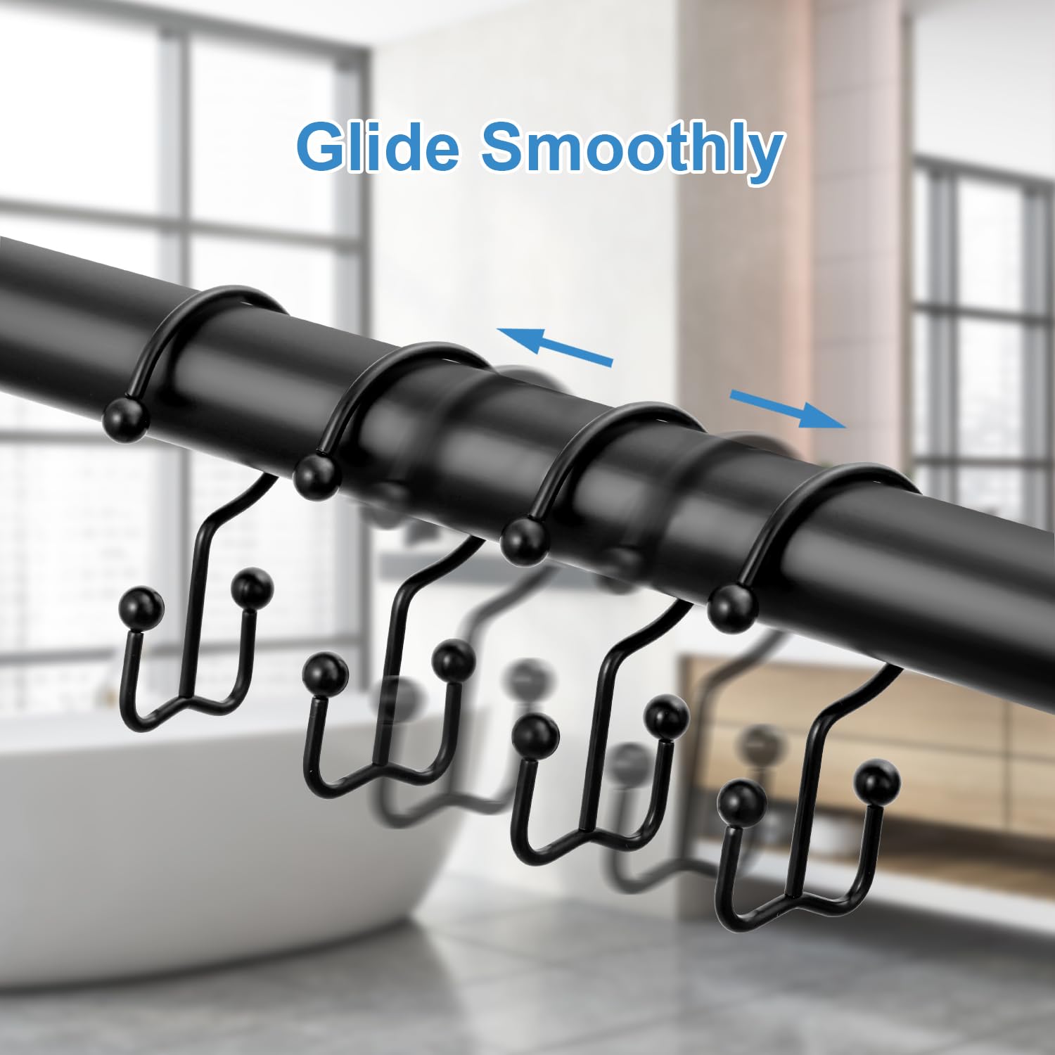 24 Pack Stainless Steel Shower Curtain Hooks - Rustproof Double Sided Rings for Bathroom Curtain Rods - Smooth Gliding Matte Black Hangers (Perfect for Home, Hotel & Apartment Bathroom Decor)