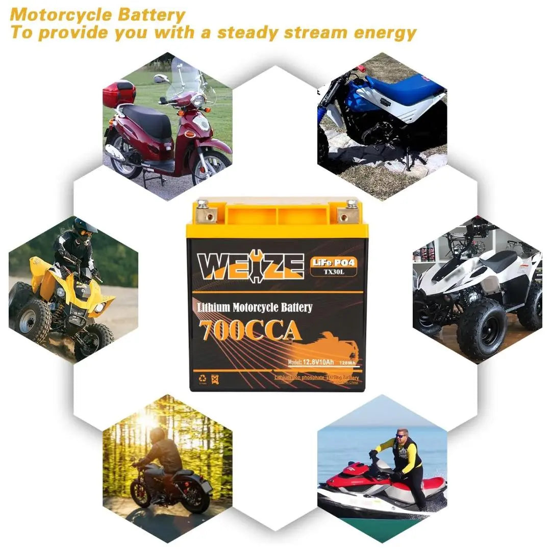 WEIZE 12V 10AH 700CCA LiFePO4 Lithium Motorcycle Battery - Lightweight & Long-Lasting Power for Harley, Honda, Yamaha & More - Perfect for Cruisers, Touring Bikes & Off-Road Adventures