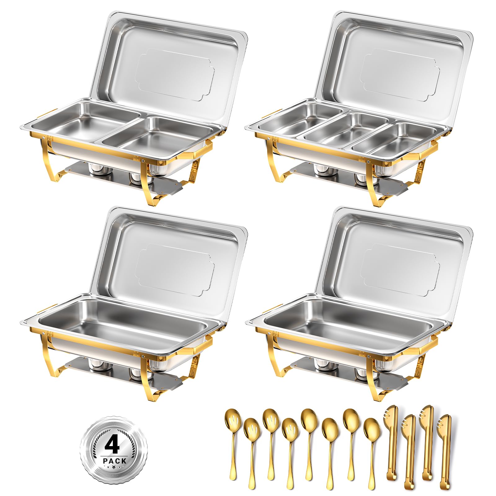 8 Qt Premium Stainless Steel Chafing Dish Buffet Set - 4 Pack with 7 Pans, Rolled-Edge Design for Food Warming - Perfect for Parties, Weddings, Catering, Camping & Outdoor Events (Half Gold Finish)