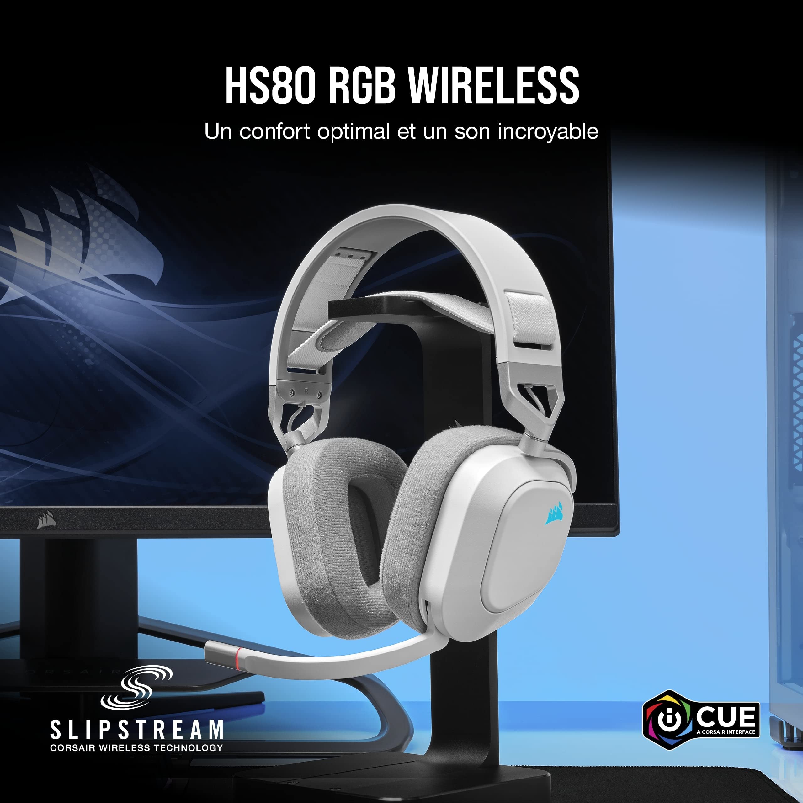 Corsair HS80 RGB Wireless Gaming Headset with Dolby Atmos - Low Latency, Omnidirectional Mic, 20H Battery, PS5/PS4 Compatible (White) - Perfect for Competitive Gaming & Immersive Movie Nights