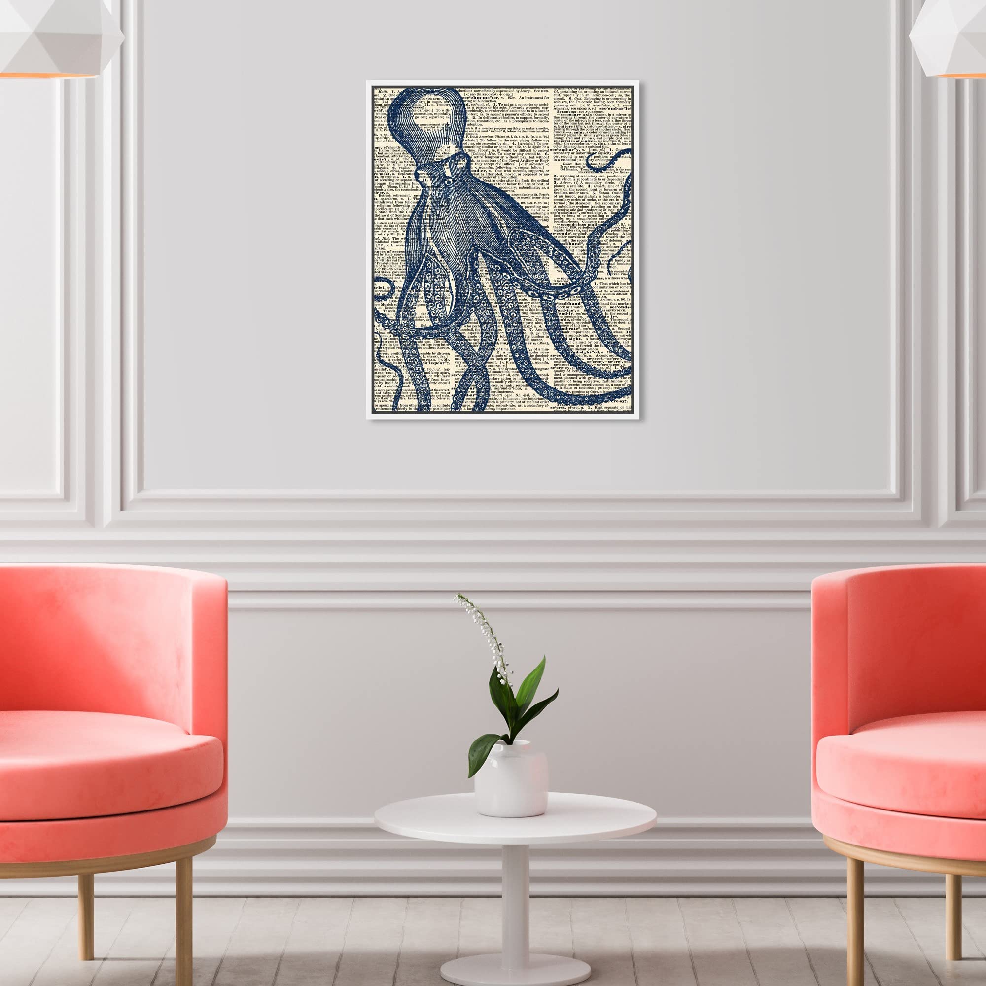 Oliver Gal Artist Co. Nautical Wall Art - 16x20 Inch Marine Life Octopus Dictionary Canvas Print with White Floating Frame - Coastal Home Decor for Living Room, Bedroom & Office