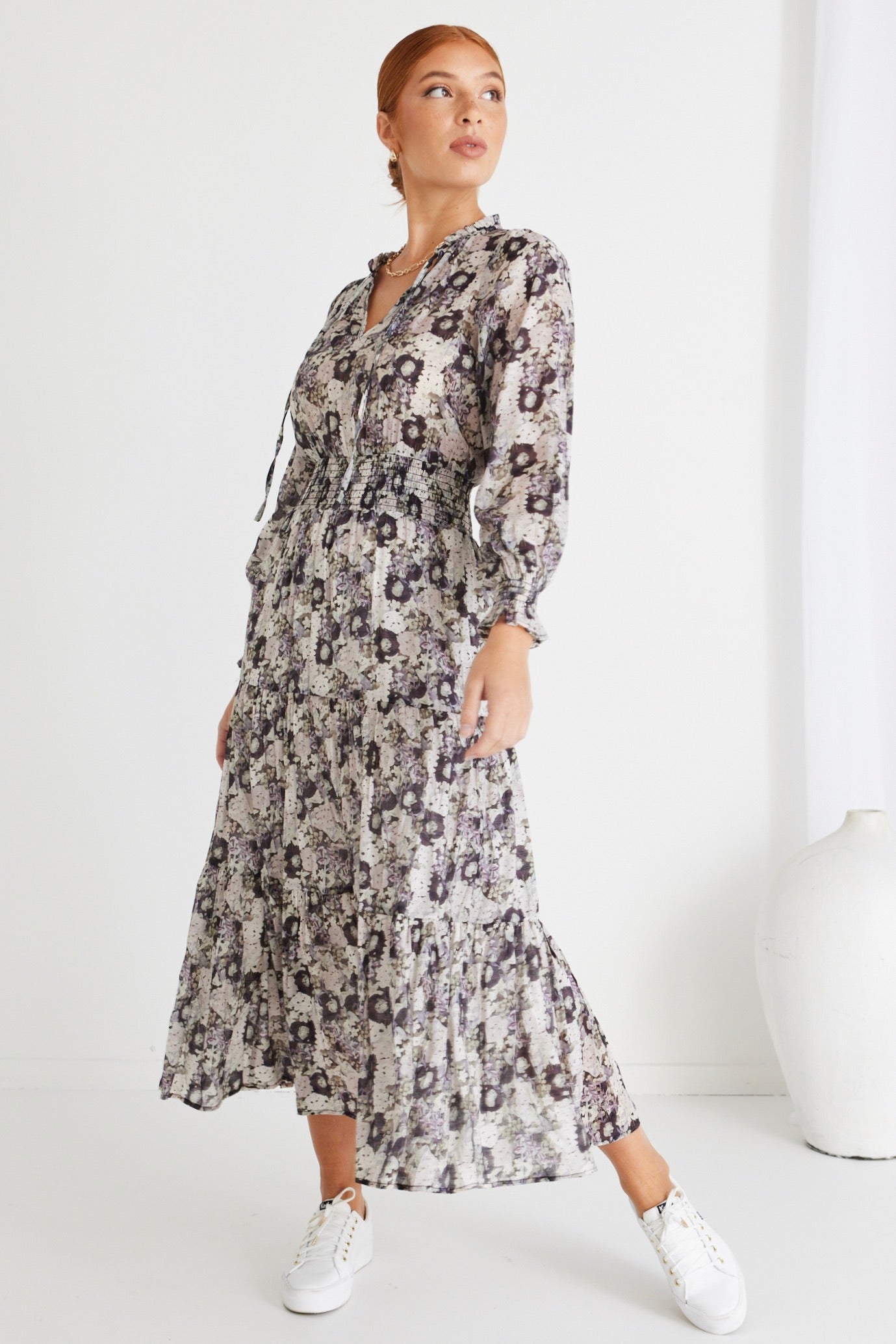 Charlie Lilac Garden Long Sleeve V-Neck Tiered Maxi Dress for Women - Elegant Floral Print Summer Dress for Beach, Wedding & Party