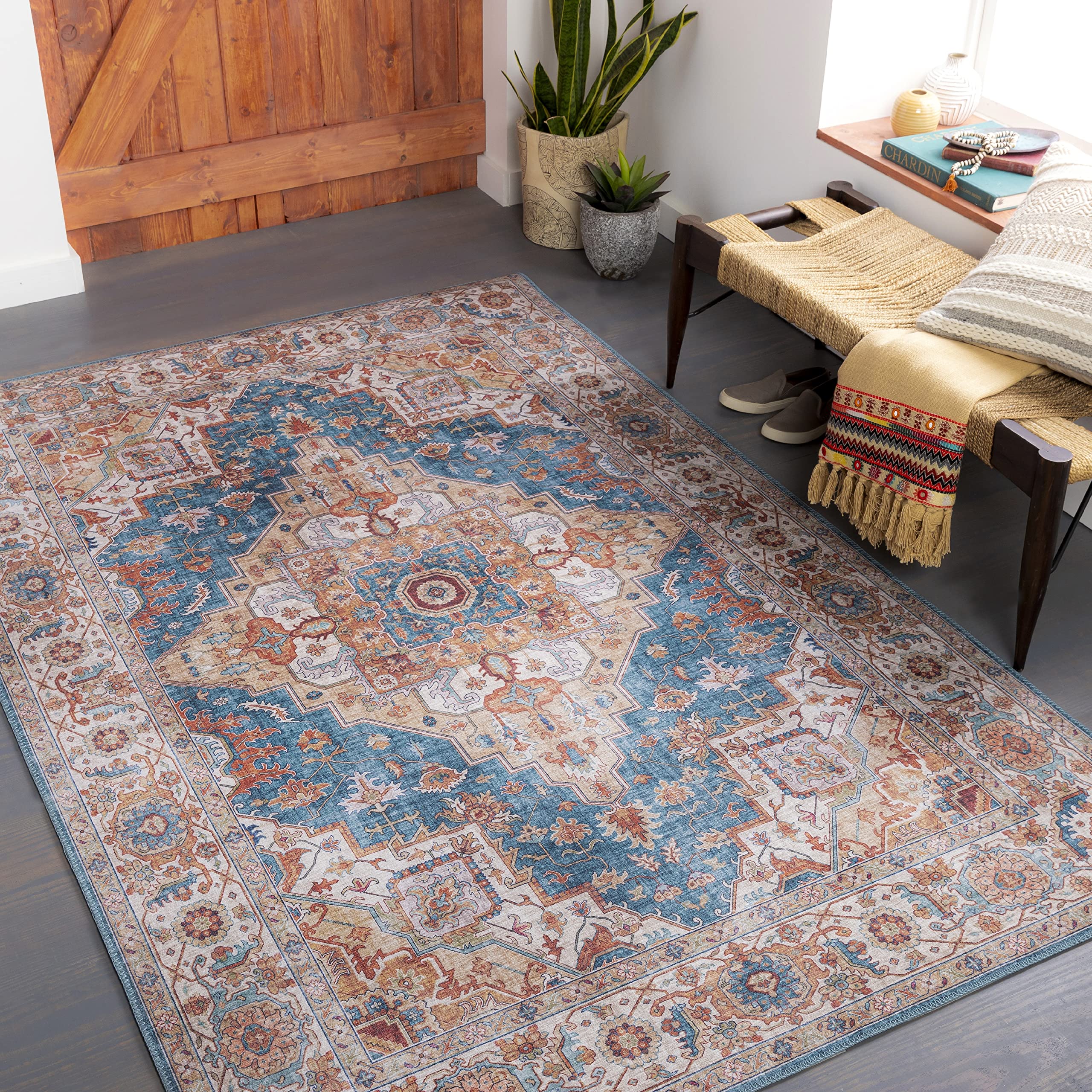 Mark&Day 9x12 Loon Traditional Burnt Orange Area Rug - Handmade Non-Slip Living Room Carpet, Blue Brown Kitchen Rug, Bedroom Floor Mat (9'x12') - Perfect for Home Decor, Dining Room & High Traffic Areas