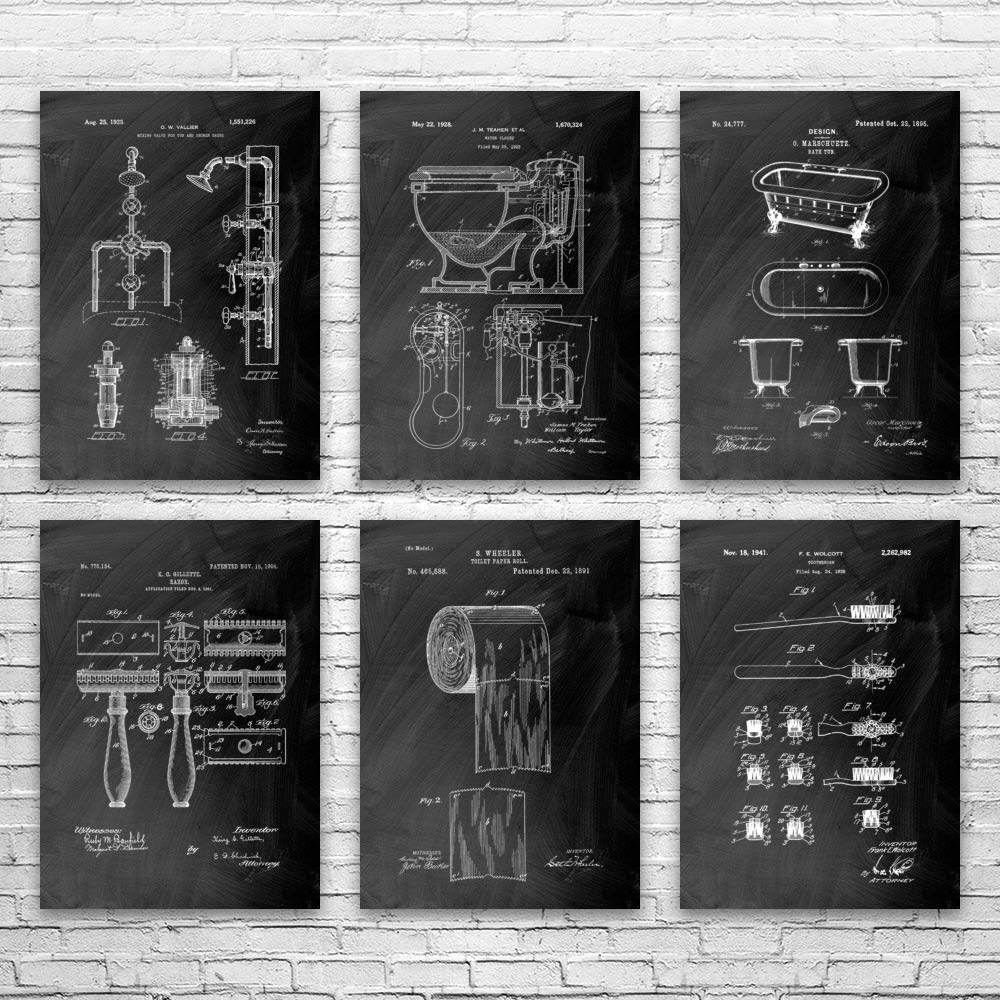 6-Piece Bathroom Patent Poster Set - Plumber & Contractor Gift - Restroom Wall Art Decor - Handyman Chalkboard Blueprint (12x16 Inch, Black) | Perfect for Home Bathroom Decor, Workshop Office & DIY Enthusiast Gifts