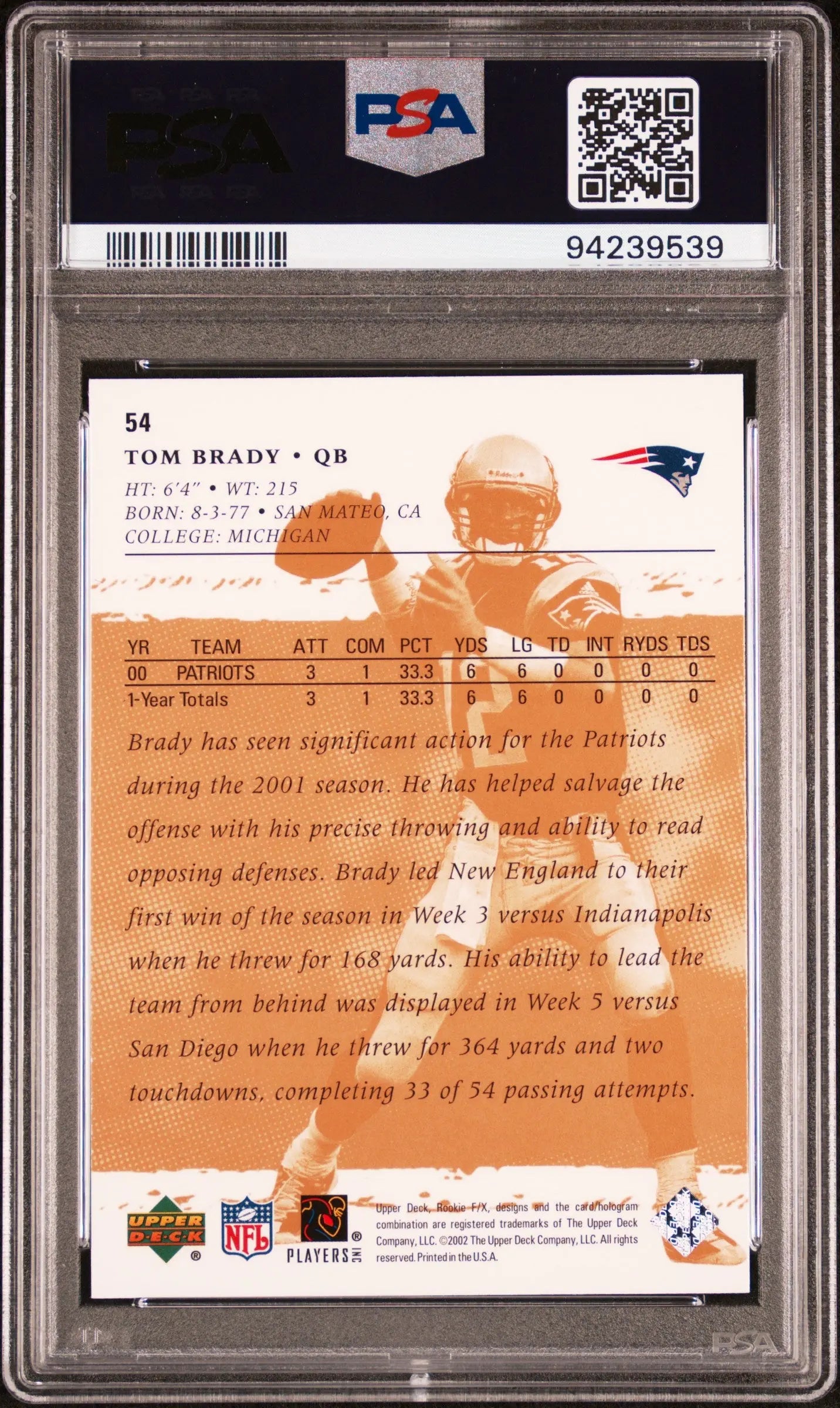 2001 Upper Deck Football Rookie F/X Tom Brady #54 PSA 9 Mint Condition - Rare Collectible Sports Card for NFL Memorabilia Fans & Investment Collectors - Perfect for Display, Trading, and Sports Card Collections