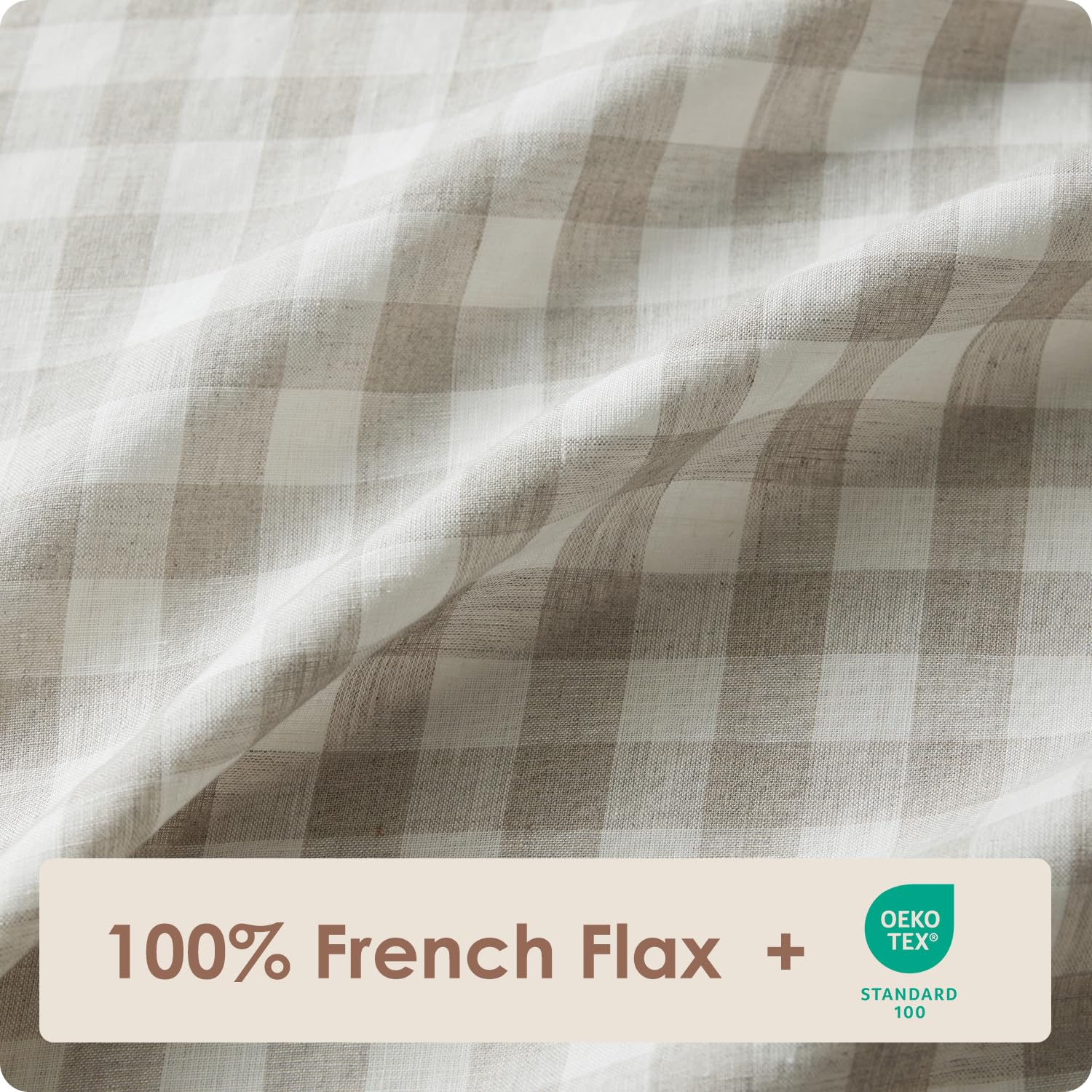 DAPU 100% Washed Linen Sheet Set Full Size - 4 Piece Hypoallergenic Soft Bedding with Envelope Closure, Gingham Check Plaid Geometric Pattern in Beige & White | Breathable & Comfortable for All Seasons, Perfect for Master Bedroom, Guest Room & Vacation Homes