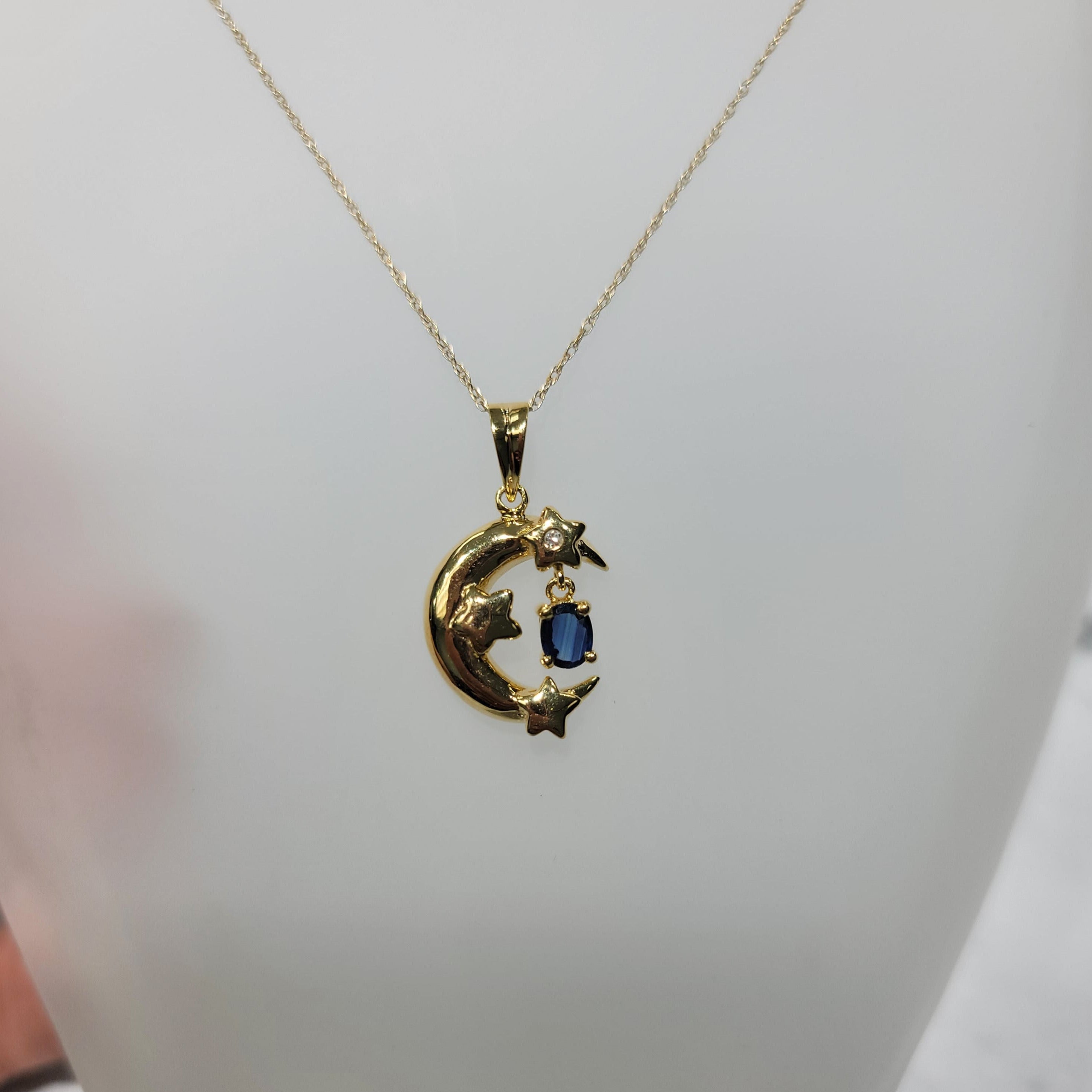 14K Yellow Gold Crescent Moon & Star Pendant with Genuine Sapphire Gemstone - Elegant Necklace for Women, Perfect for Birthday Gifts, Anniversaries & Special Occasions