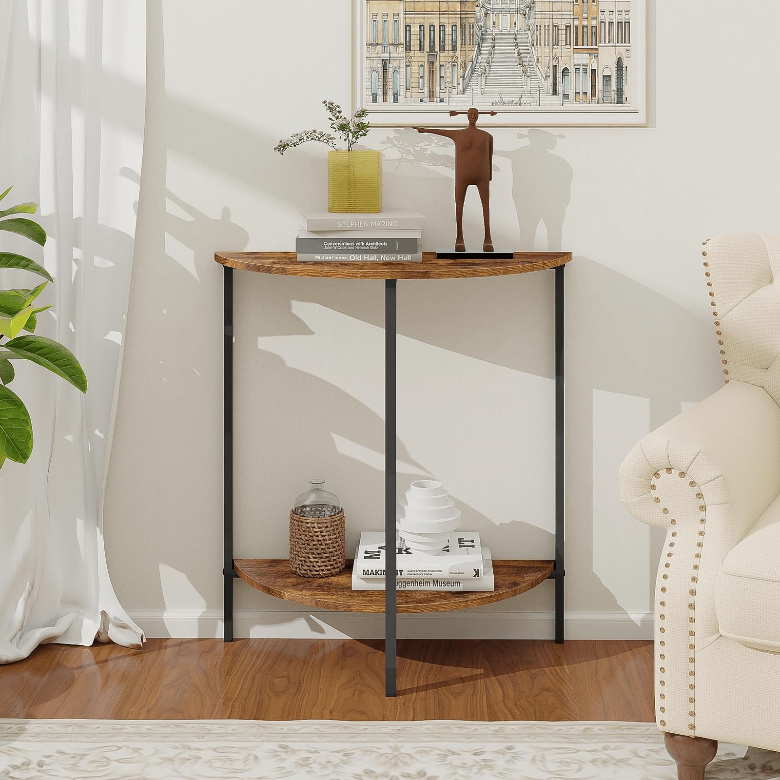 Homode Half Moon Entryway Table - Small Narrow Half Round Console Table for Hallway, Living Room & Front Entrance - Rustic Brown & Black Wooden Sofa Table - Perfect for Small Spaces, Apartments & Cozy Home Decor