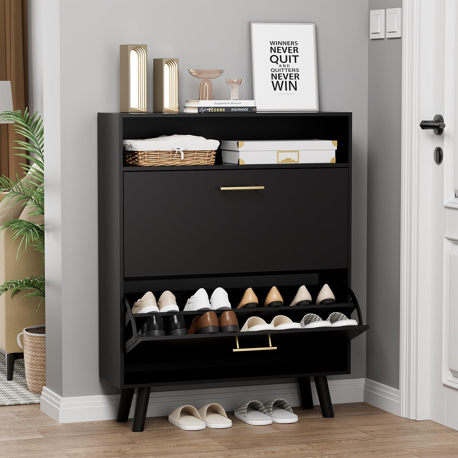 Modern Black Shoe Cabinet with 2 Flip Drawers - 2 Tier Freestanding Shoe Organizer for Entryway, Hallway & Living Room - Space Saving Storage Solution for Shoes, Boots & Accessories - Perfect for Small Apartments & Clutter-Free Homes