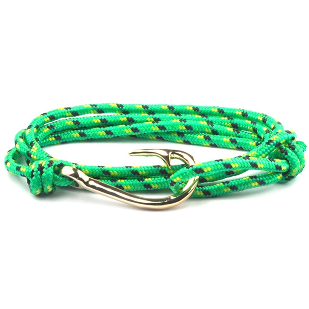 SW8 Gold Fish Hook Charm Rope Bracelet - Adjustable 6-10 Inch Wrap Bracelet for Men & Women - Jamaican Style Jewelry - Perfect for Beach Parties, Vacations & Summer Fashion
