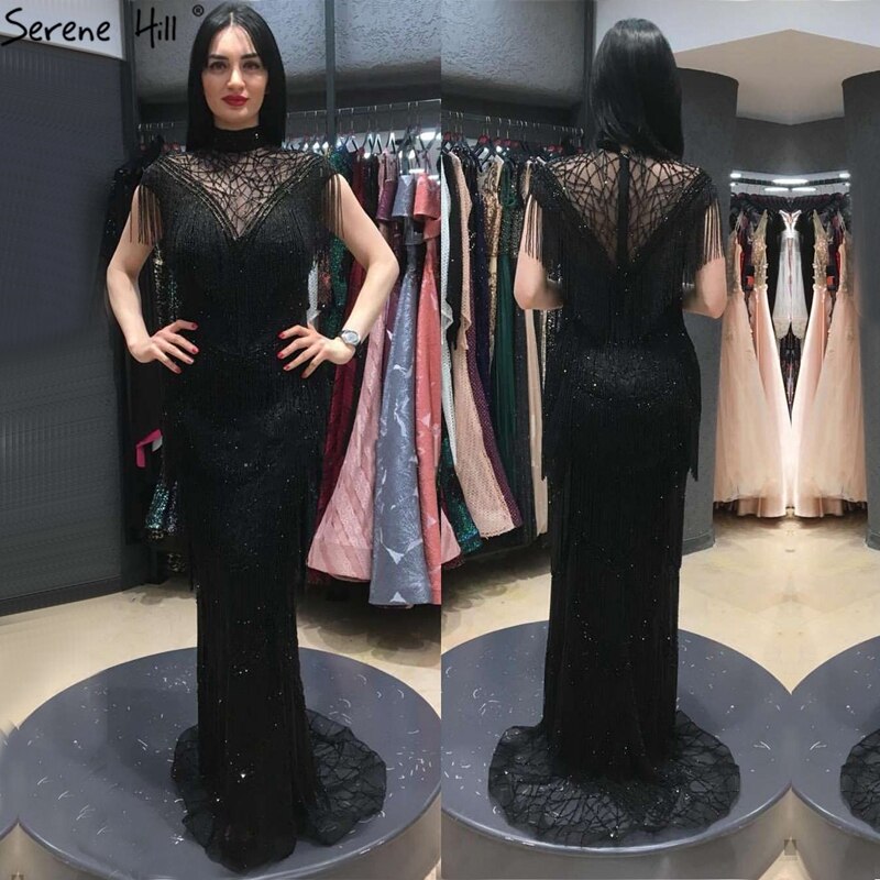 Elegant Grey Mermaid Evening Gown with Cap Sleeves & Beaded Tassel Details - Women's Luxury Party Dress for Prom, Gala & Special Occasions - Serene Hill Collection LA70529