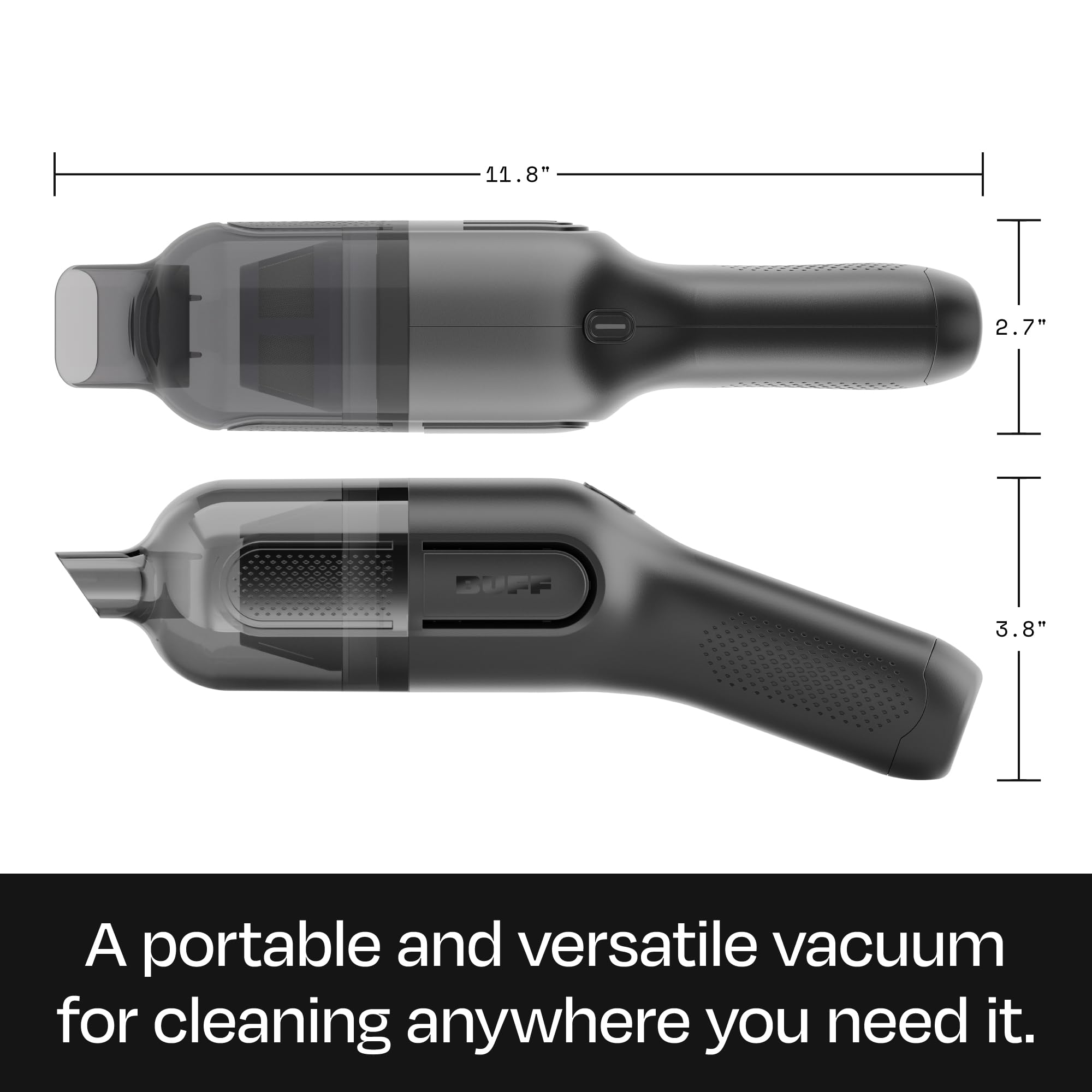 BUFF Cordless Handheld Vacuum Cleaner - Rechargeable Car Vacuum with Crevice Tool & Brush Attachments - Powerful Portable Vacuum for Home, Office, Car & Pet Hair Cleaning - Black | Perfect for Quick Cleanups, Car Detailing & Pet Hair Removal