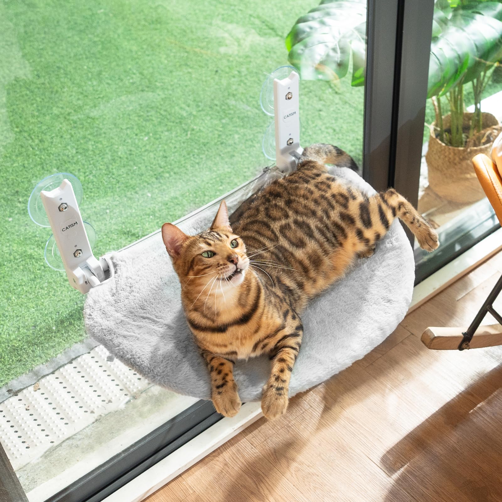 CATISM Cat Window Perch with Solid Metal Frame - Foldable Cat Hammock Bed for Indoor Cats - 4 Suction Cups & Reversible Gray Cover - Perfect for Sunny Windows, Apartment Living & Cat Nap Spots