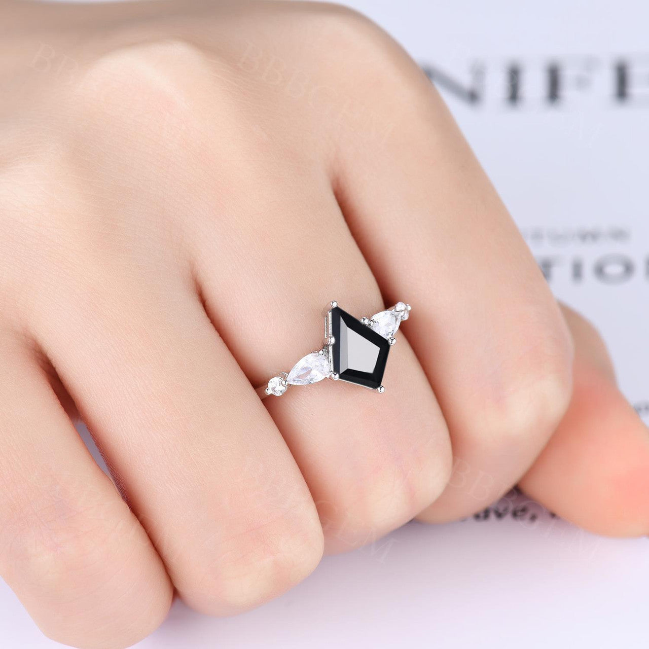 Elegant Lozenge Step Cut Black Onyx Statement Ring with Pear Moissanite Accent - Perfect for Evening Parties, Date Nights & Special Occasions