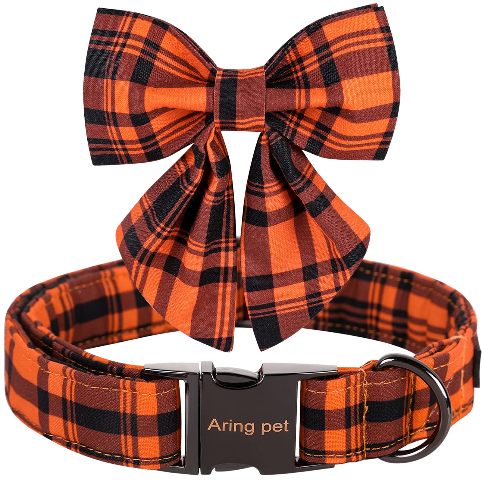 ARING PET Adjustable Dog Collar with Detachable Bow Tie - Fall Orange Grid Pattern, Metal Buckle for Halloween & Special Occasions - Perfect for Costumes, Parties & Daily Walks