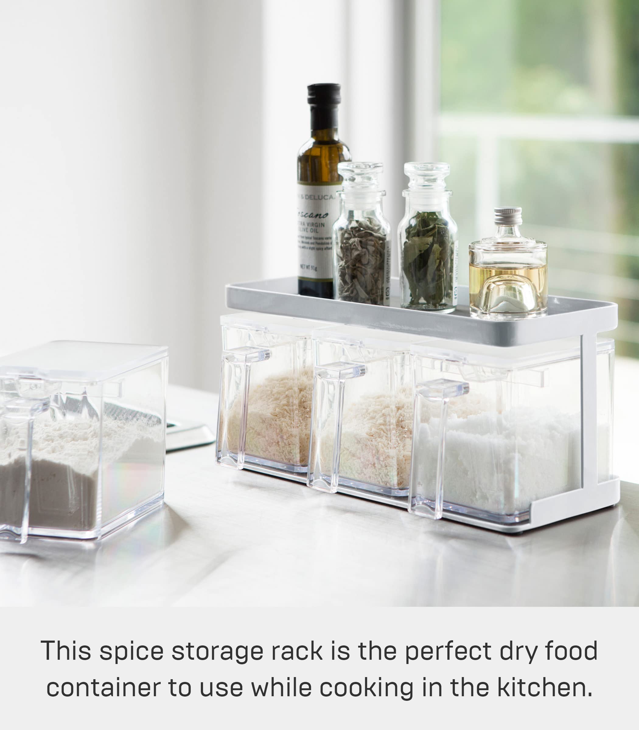 Yamazaki Home Pantry Canisters with Rack - Kitchen Storage Containers Organizer | Stainless Steel & Plastic Food Storage Canisters | White Airtight Canisters for Flour, Sugar, Coffee, Tea | Perfect for Pantry, Countertop & Kitchen Organization