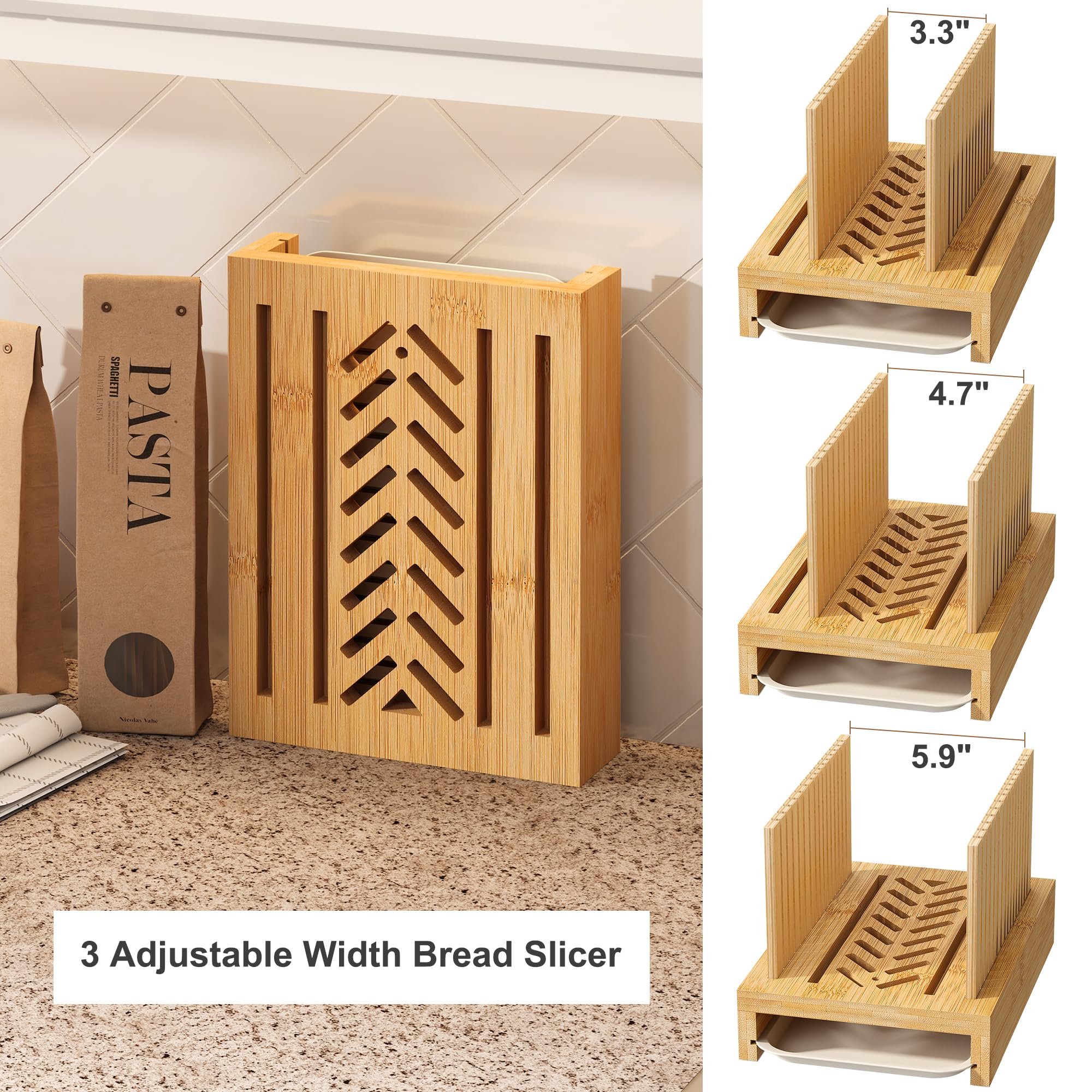 FILWH Adjustable Bamboo Bread Slicer with Crumb Tray - Foldable Wooden Bread Cutting Board for Homemade Loaves, Cakes & Pastries - Perfect for Kitchen, Baking & Meal Prep