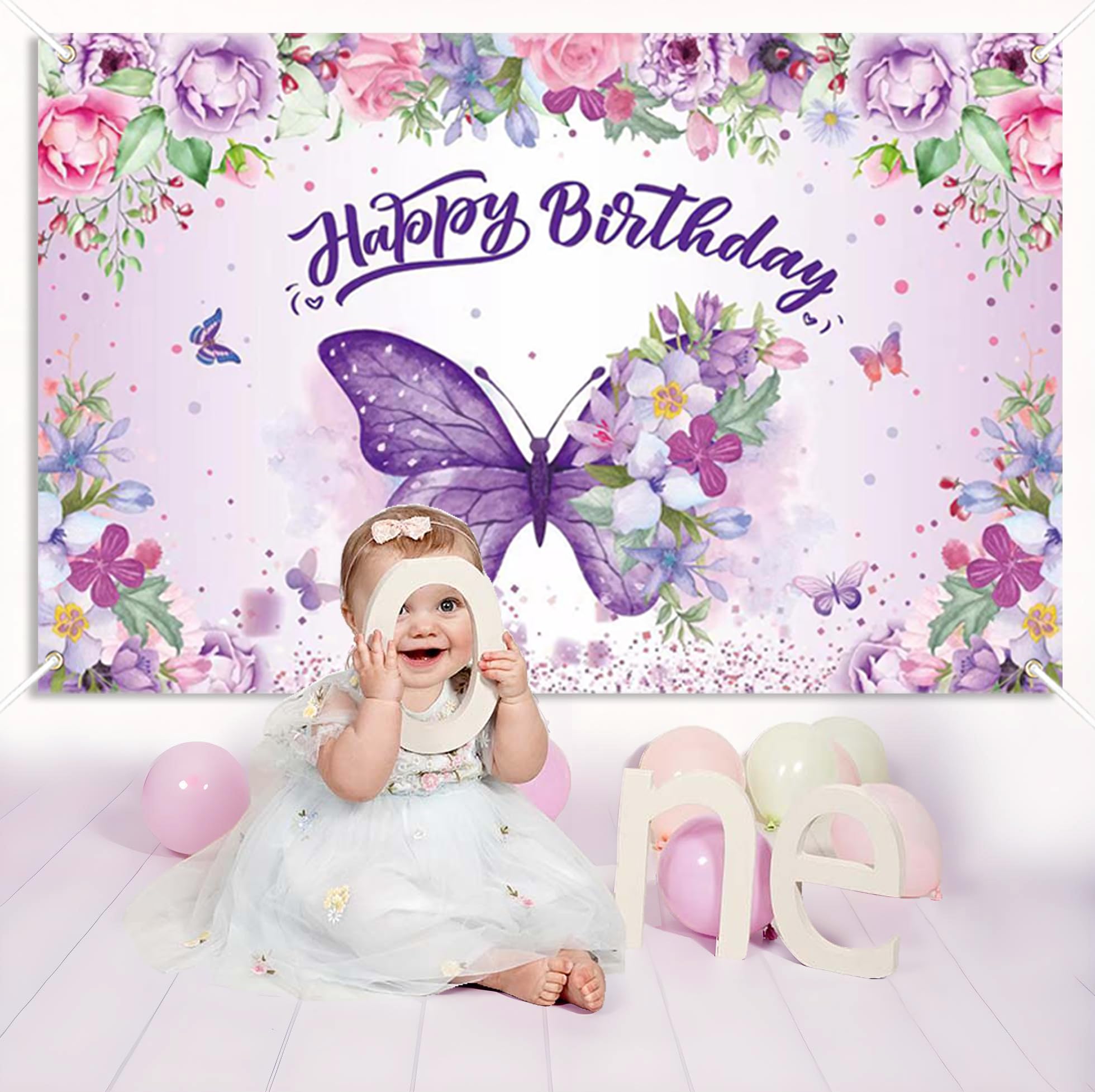 Purple Butterfly Happy Birthday Backdrop & Banner - Elegant Women's Birthday Decor, Baby Shower & Fairy Themed Party Supplies - Perfect for Spring Celebrations, Indoor/Outdoor Decorations