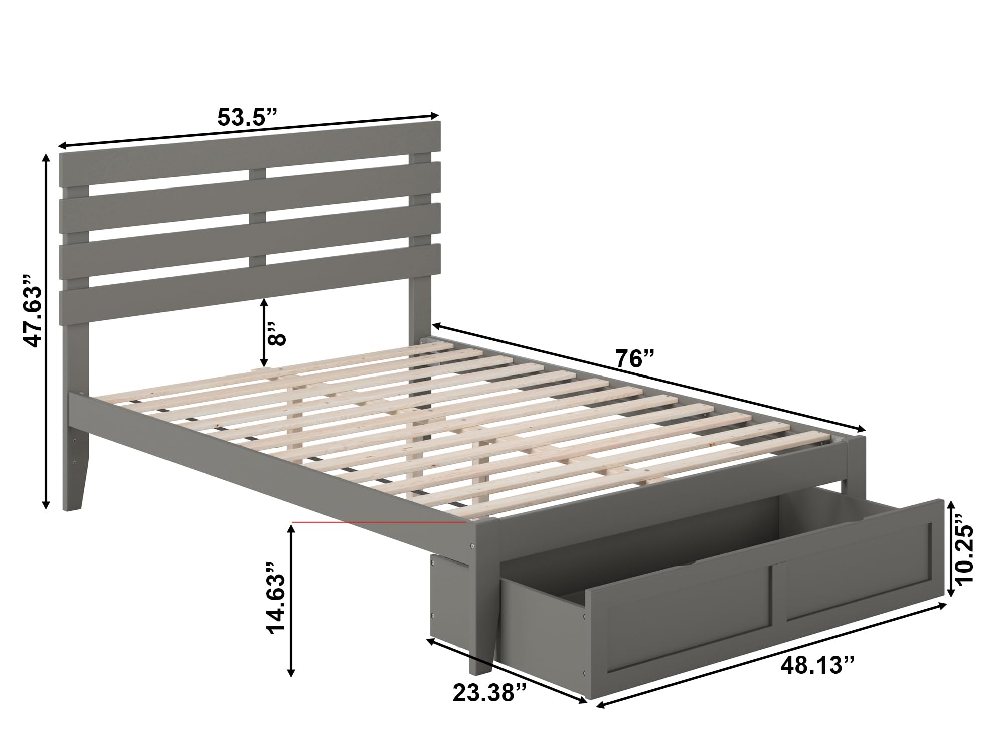 AFI Oxford Full Size Platform Bed Frame with Foot Drawer Storage & USB Charging Station - Grey Modern Bedroom Furniture for Small Spaces & Studio Apartments