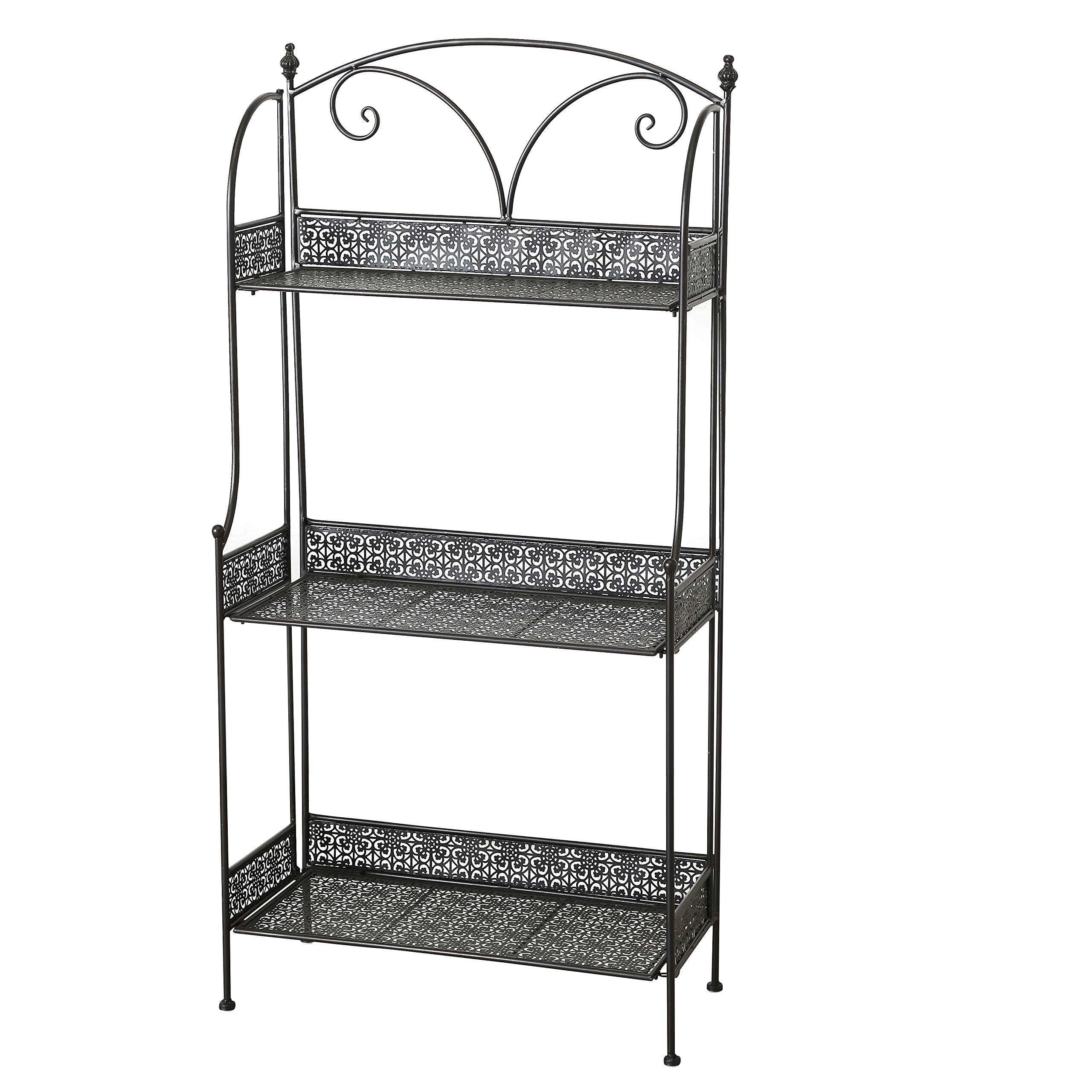 WHW 3-Tier Plant Stand - Black Powder Coated Iron Shelf with Floral Design for Indoor/Outdoor Plants - 23.5