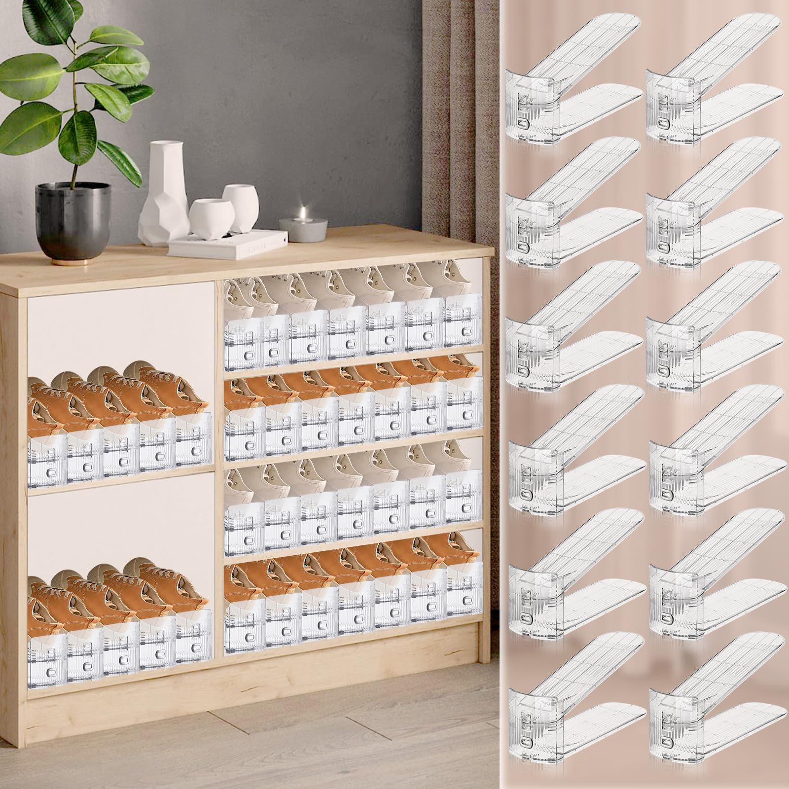 12-Pack Clear Shoe Stacker Organizer for Closet - Space Saving Shoe Rack & Storage Holder for Sneakers, Heels & Boots - Perfect for Small Closets, Dorm Rooms & Entryway Organization