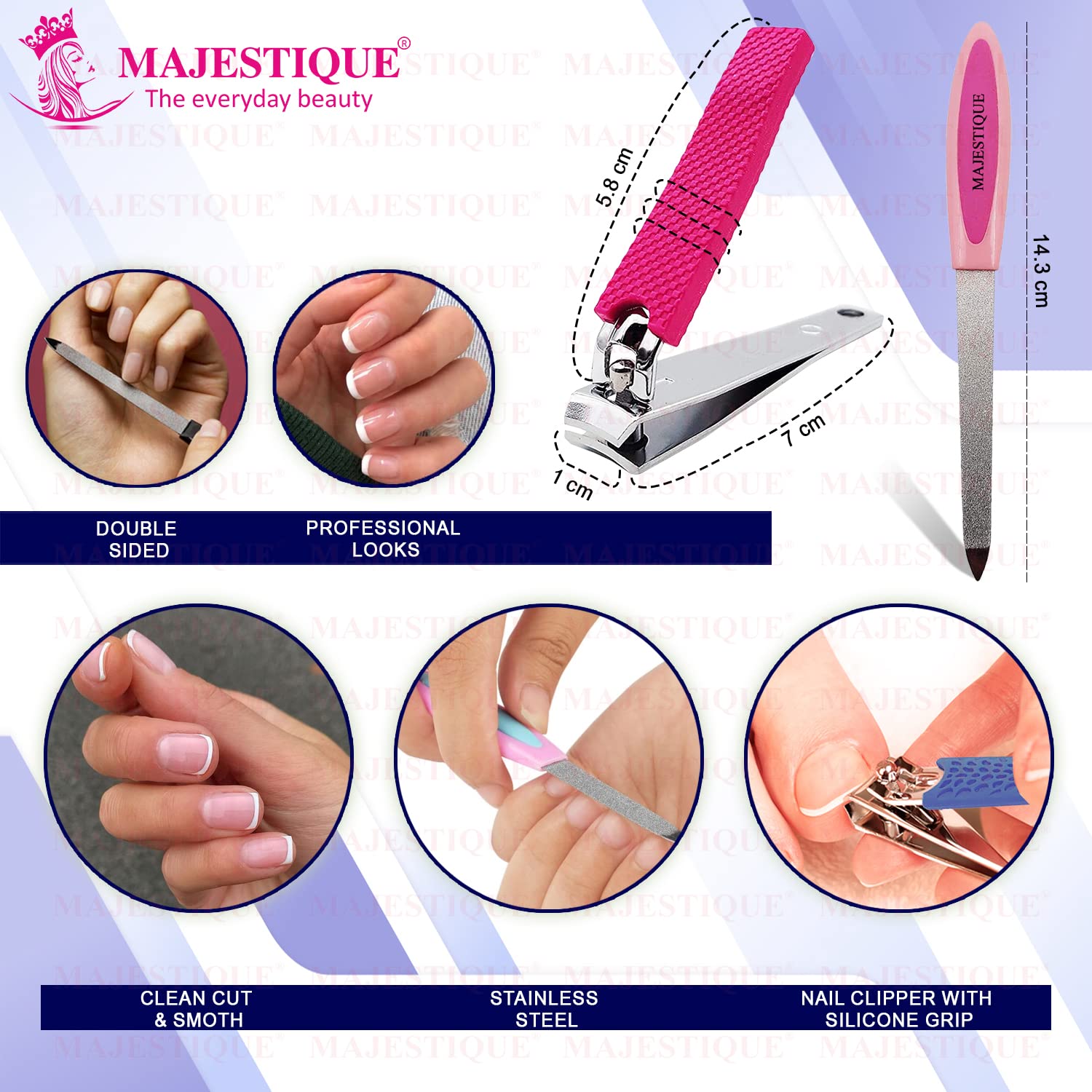 Majestique Nail Clipper & Filer Set with Soft Silicone Brush - Professional Nail Care Kit for Deep Cleaning, Cuticle Care & Relaxation - Home Spa Manicure Pedicure Essentials (Pack of 3) - Perfect for DIY Nail Care, Travel & Gift Giving