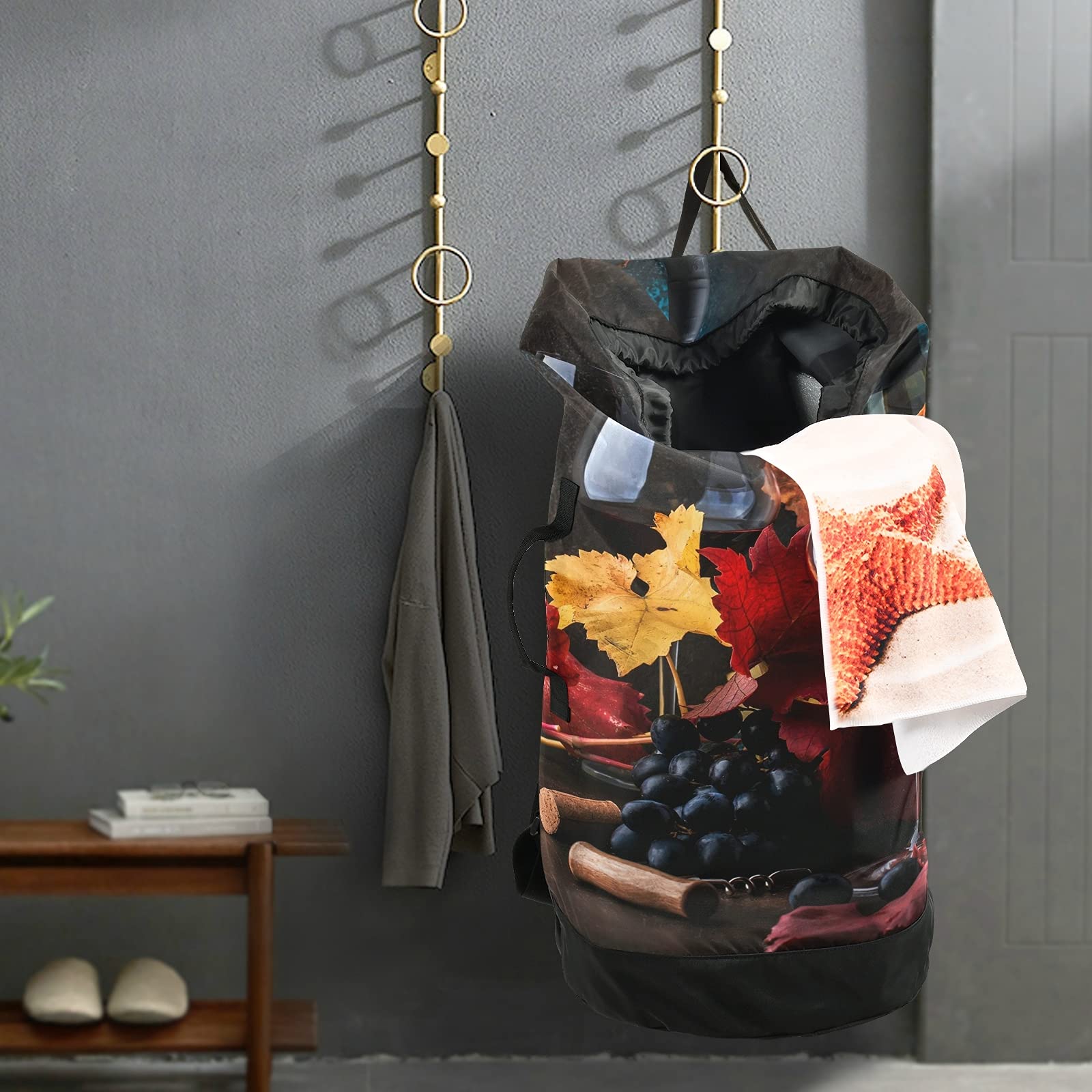 Rustic Style Autumn Fallen Leaves Wine Glass Print Laundry Bag - Adjustable Shoulder Straps & Drawstring Closure, Dorm Travel Hamper Basket for Dirty Clothes, Toy Storage (Perfect for College Dorm, Camping Trips & Laundry Room Organization)