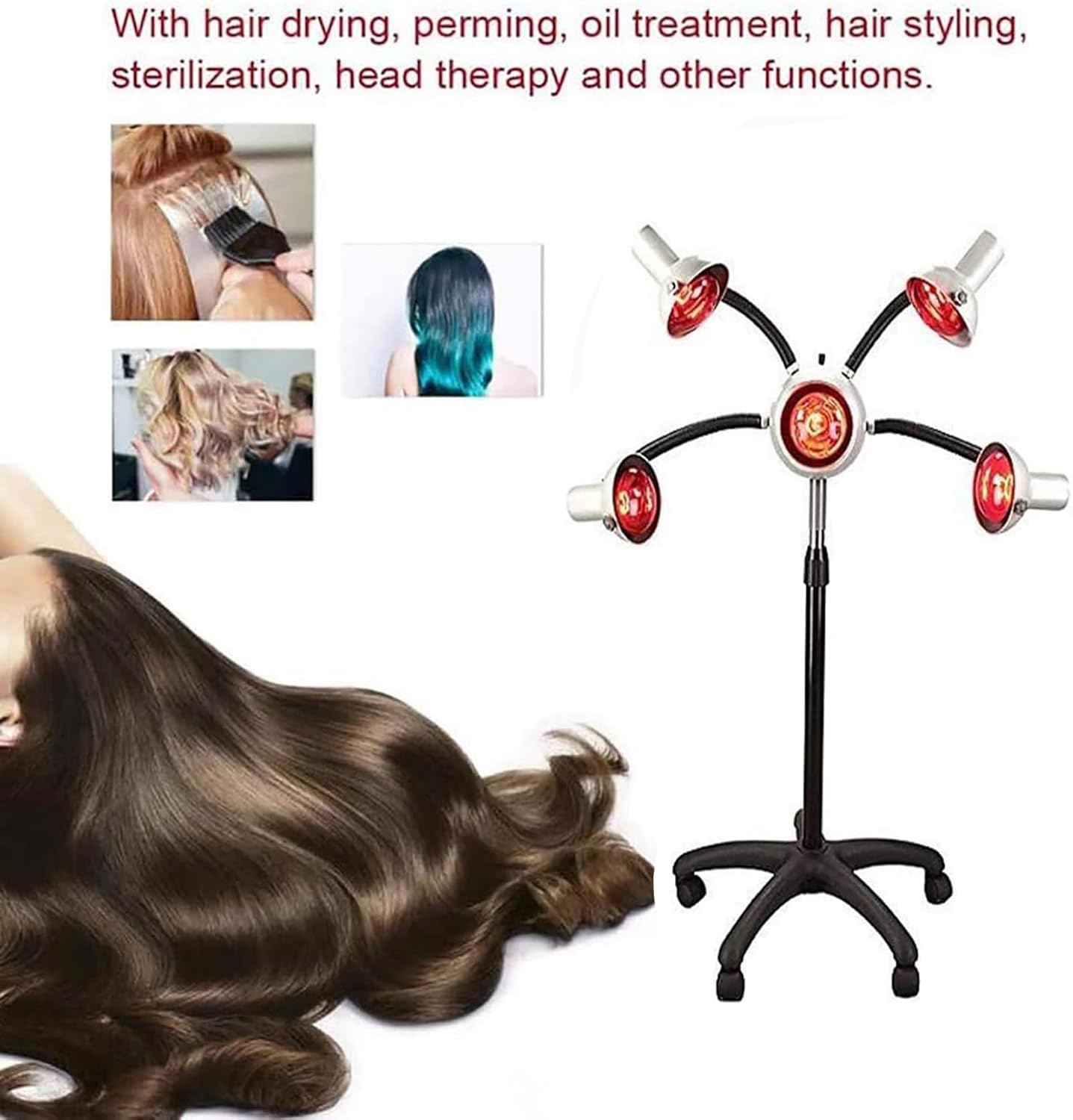 750W Infrared Heat Lamp Red Light Therapy - 5 Head Portable Floor Hair Dryer Stand for Styling, Perming & Accelerating Hair Drying | Salon & Home Use