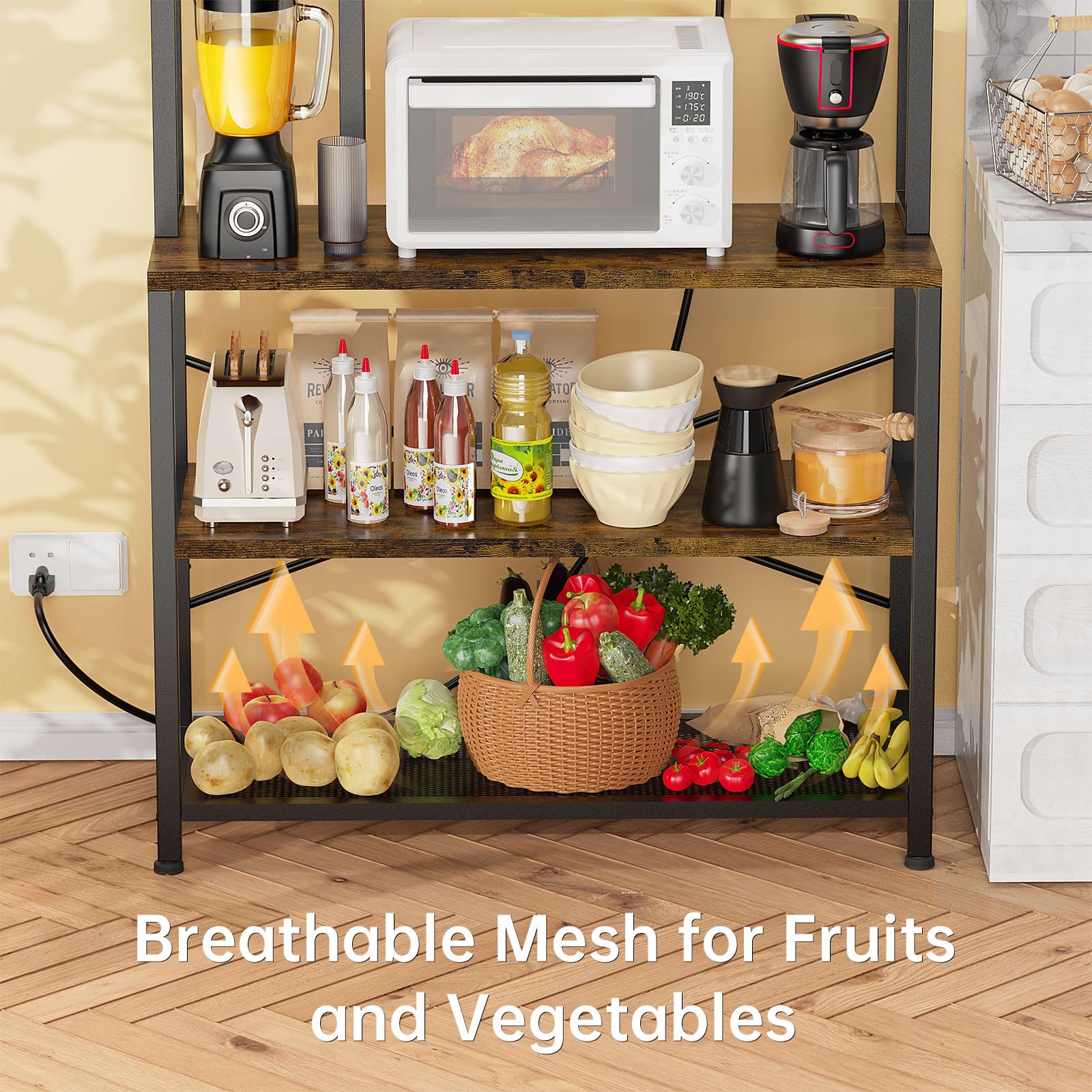 EasyCom 31.5 Inch Bakers Rack with 3 AC Power Outlets - Microwave Stand with Ventilated Mesh Shelf for Vegetables - Coffee Cart with 4 Z-Shaped Hooks - Rustic Brown Kitchen Island Organizer for Coffee Bar, Pantry & Small Space Storage