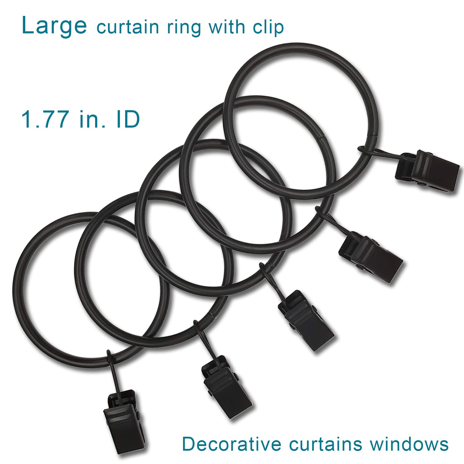 40 Pack Black Curtain Rings with Clips - Heavy Duty Drapery Hooks for Hanging Drapes, Bows & Hats - 1.77 Inch Inner Diameter Fits 1.5 Inch Rods - Perfect for Living Room, Bedroom & Window Decor