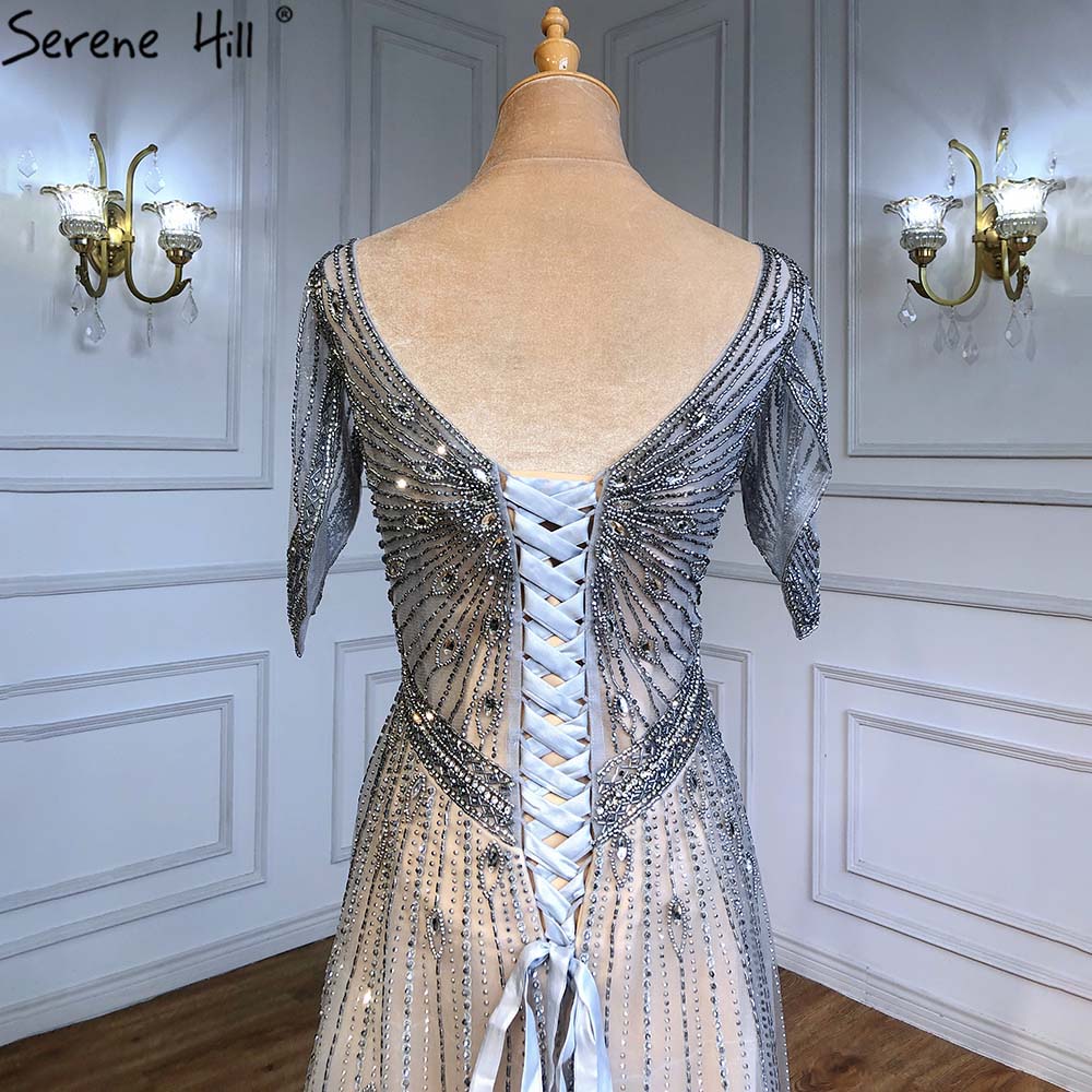 Serene Hill Grey Luxury A-Line Evening Gowns for Women 2025 | Short Sleeve Beaded Lace-Up Party Dress LA71379 | Perfect for Weddings, Galas & Formal Events