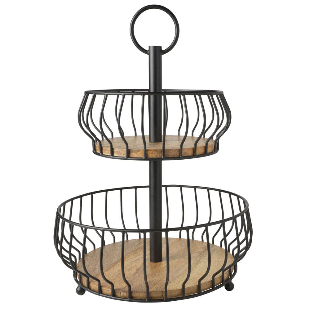 Savannah 2-Tier Wooden Fruit Basket - Organize Fresh Fruits & Vegetables in Kitchen, Pantry, or Dining Table Display